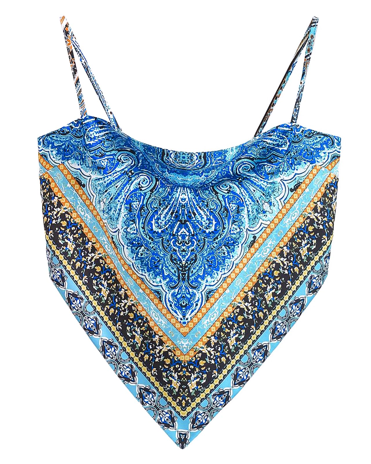 Women's Boho Paisley Print Satin Bandana Top Hanky Hem Tie Back Adjustable Spaghetti Strap Cami Tube Tops