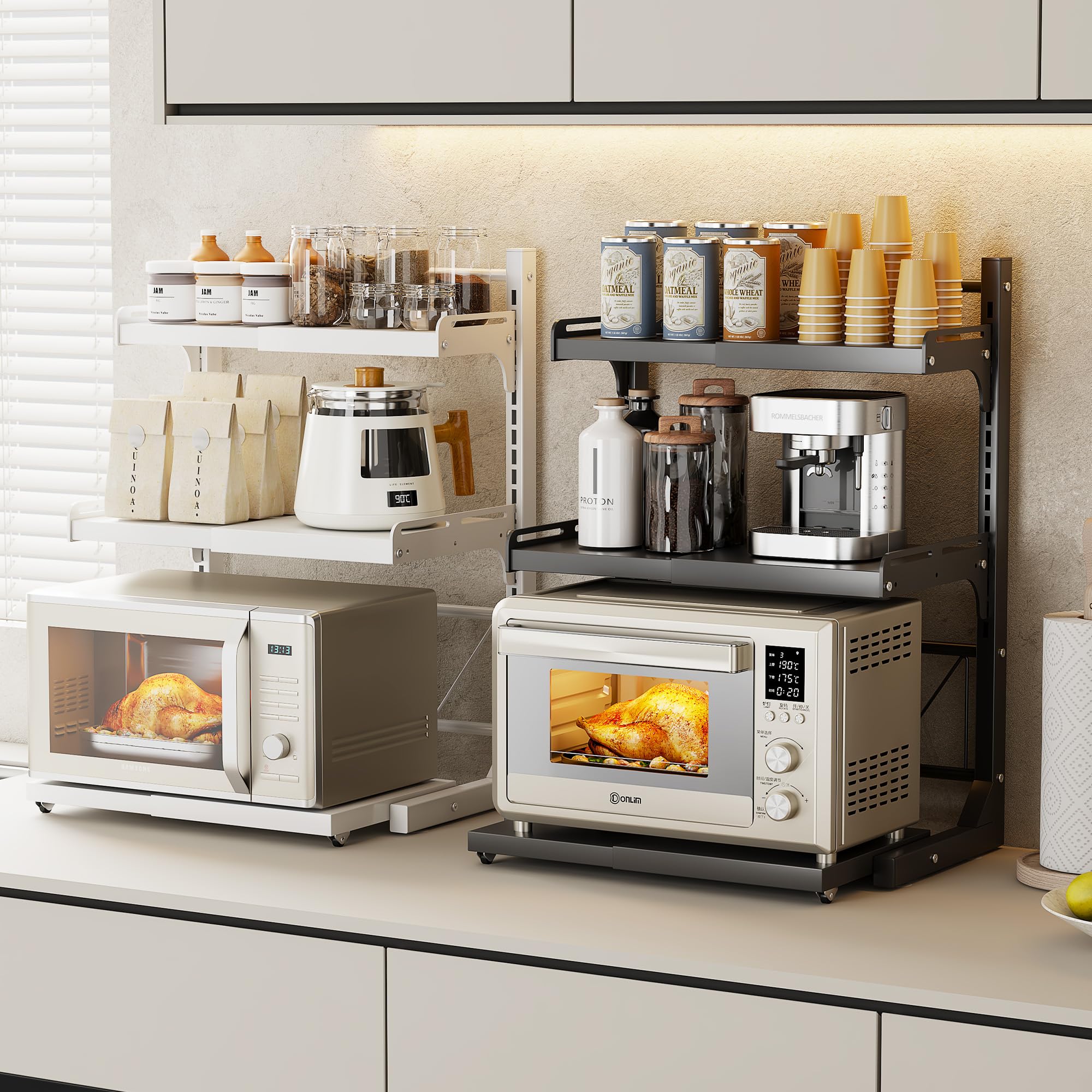 ABCOOL Rack retrattile per forno a microonde estraibile a scatto per cucina, panettiere, organizer portaoggetti 2 assiali espandibili e regolabili in altezza in acciaio al carbonio piano di lavoro con