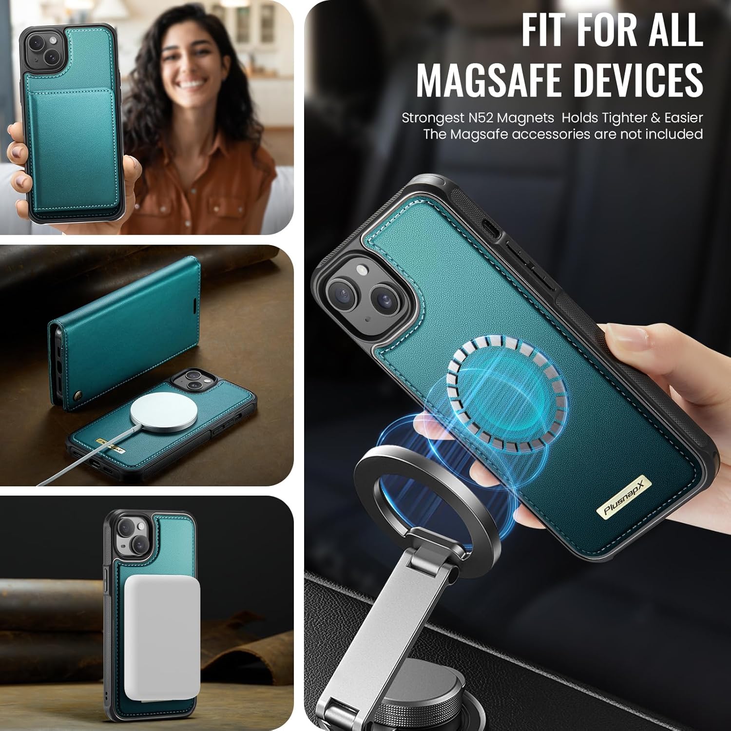 Wallet Case for iPhone 13 Compatible with Magsafe, 2-in-1 PU Leather Flip RFID Blocking Card Holder Stand Shockproof Magnetic Detachable Cover for iPhone 13 Case 6.1", Bluegreen - Image 3