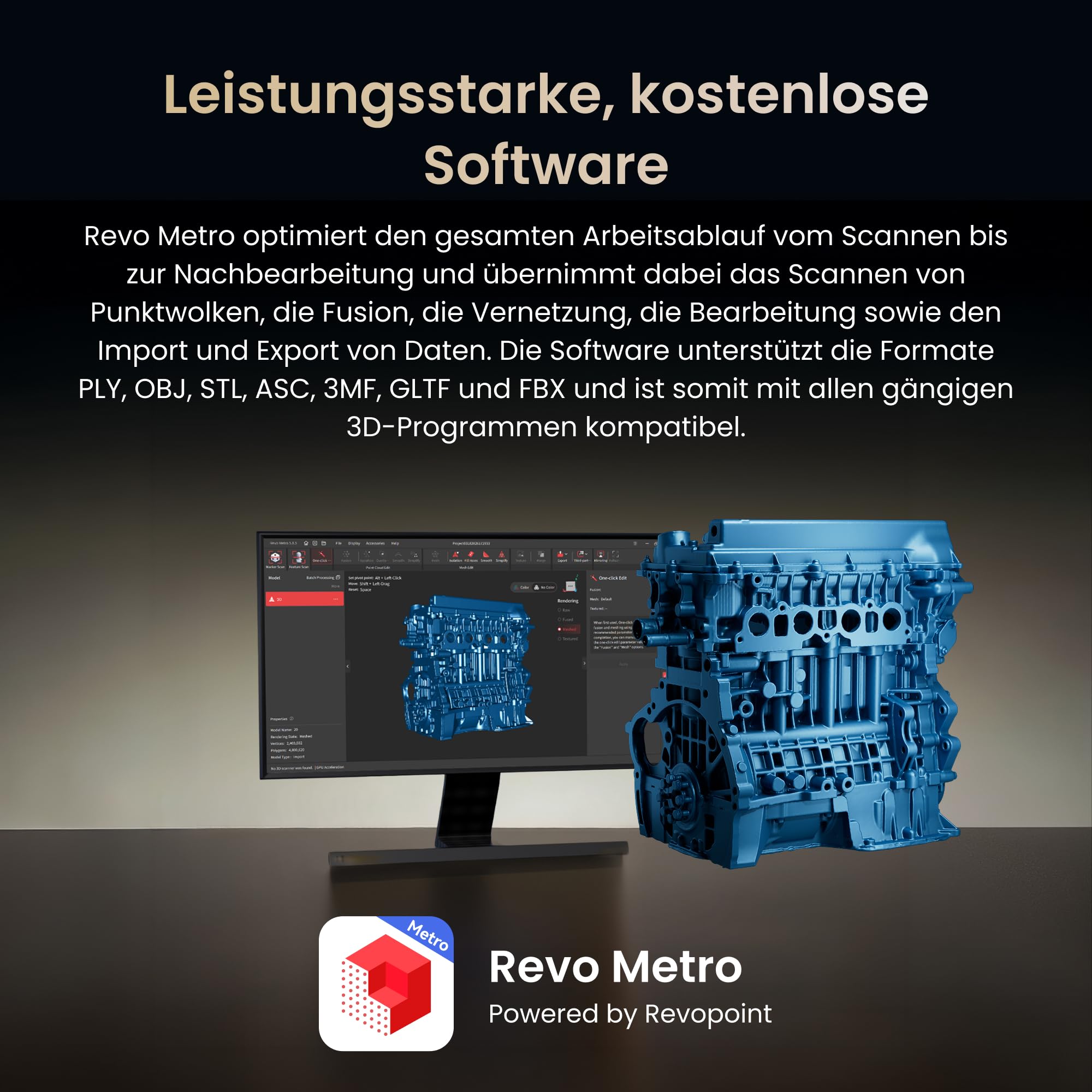 Revopoint MetroY Ultra 3D-Scanner, 0,01 mm präziser Blauer Laser, 90 FPS Highspeed, Wi-Fi 6-WLAN, Scannen im Freien, Vollfarbscan für Reverse Engineering und 3D-Druck, Standard Edition | 90 fps Highspeed, Wi-Fi 6, Scannen im Freien, Streaming-Bildschirmfr