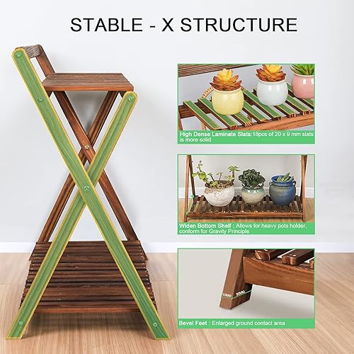 Miniatura 4 de Soporte para plantas de interior para múltiples plantas, estante esquinero de madera de 2 niveles con colgador para macetas al aire libre, soporte