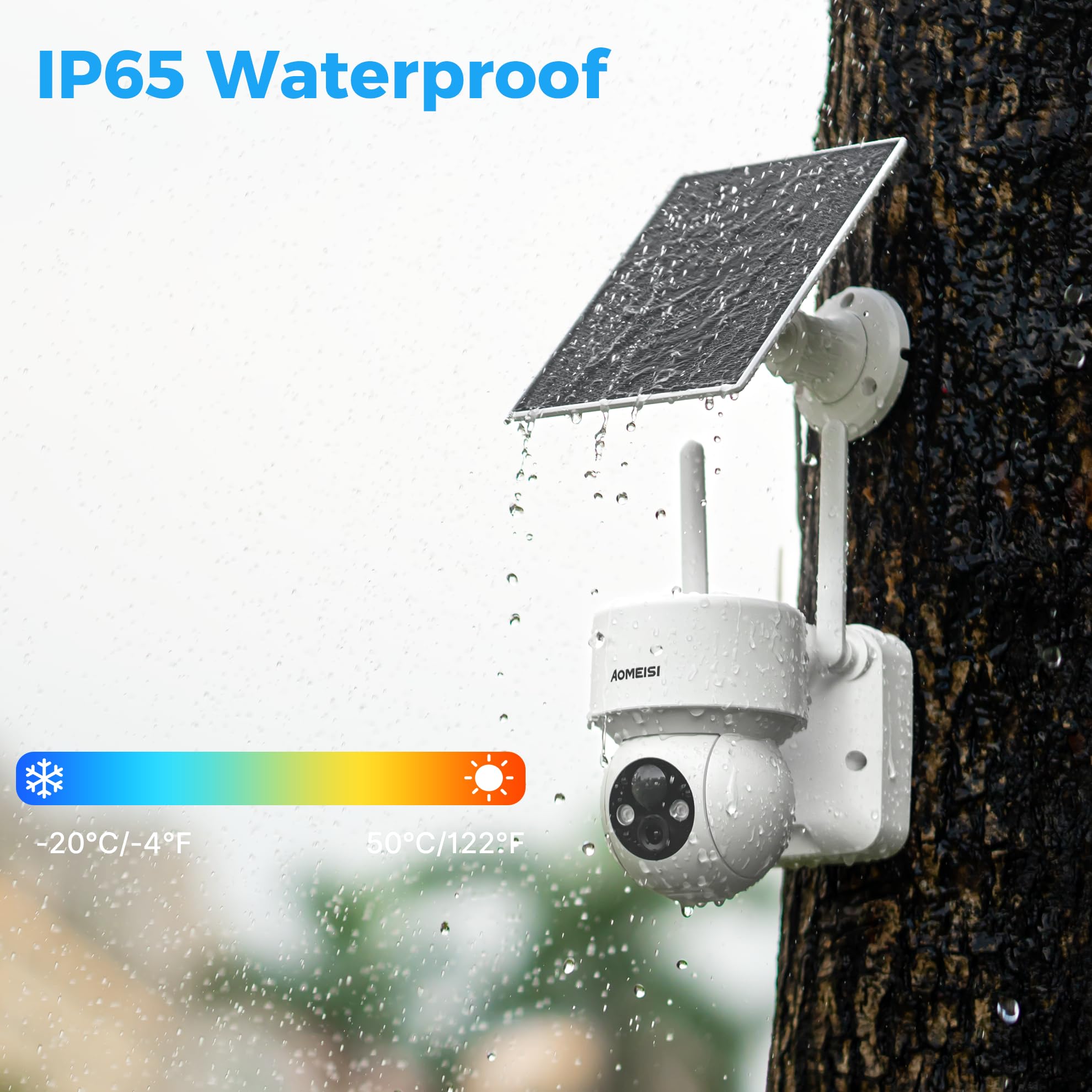 Aomeisi 2D2 2K Solar Security Camera Outdoor,360°View Pan/Tilt,Two-Way Talk,Easy to Setup,Audible Flashlight Alarm,Motion Alert,SD Slot Cloud Storage,Tech Support,Work with Alexa Google Home,CloudEdge