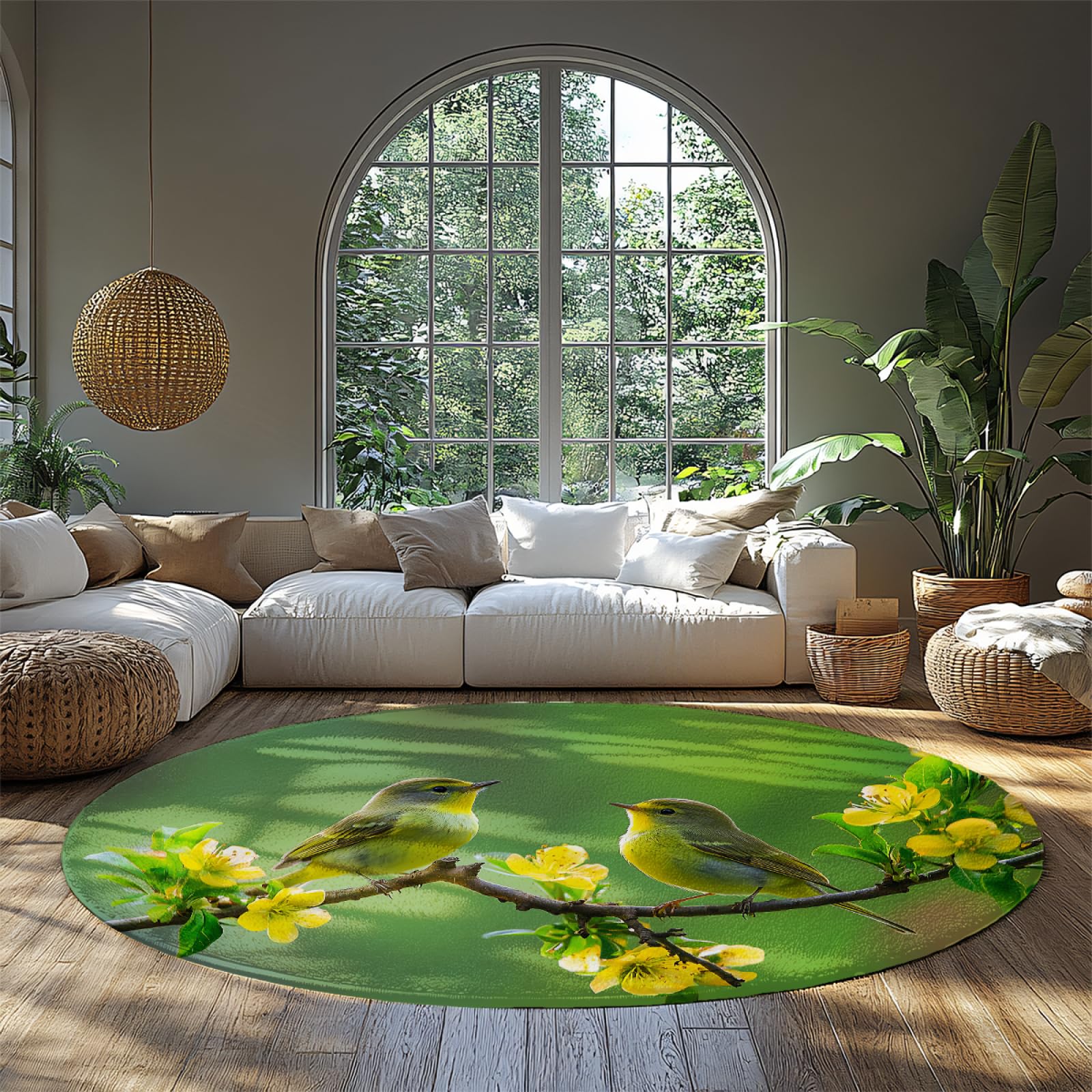 Tapis de salon rond antidérapant et lavable motif oiseau vert 240cm doux pour crèche
