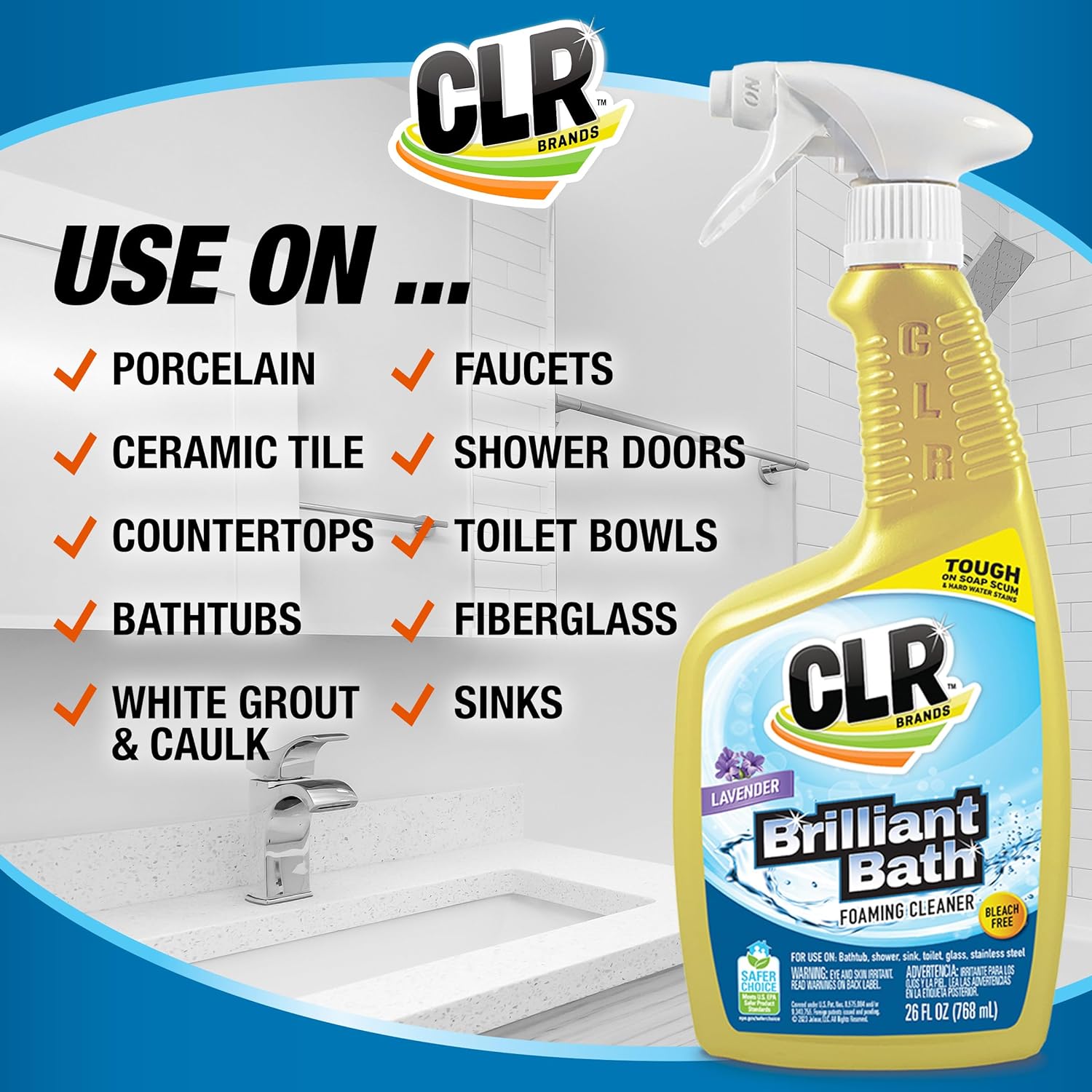 CLR Brilliant Bath Foaming Action Bathroom Cleaner Spray - For Use on Toilets, Baths, Showers, Sinks, Glass, Stainless Steel - Lavender Scent, 26 Ounce Bottle (Pack of 6)
