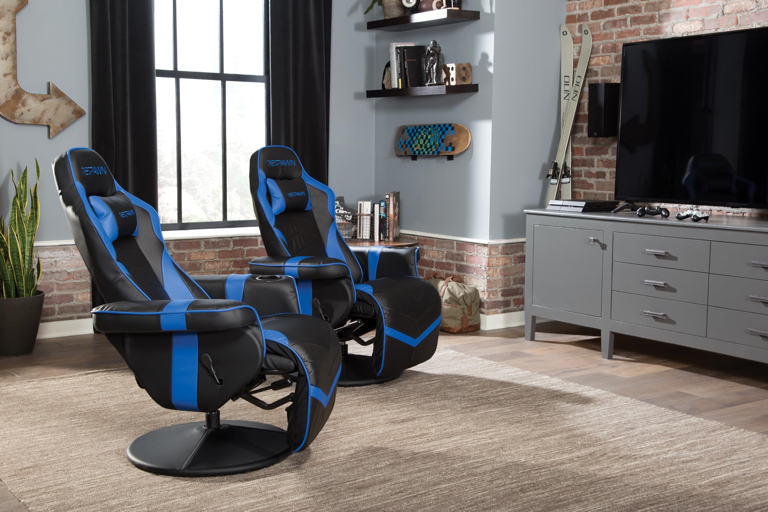 RESPAWN 900 Console Gaming Recliner with Footrest and Lumbar Support - Comfortable Ergonomic Gaming Chair with Headrest, No Wheels, Reclining, Heavy Duty, Racing Style Video Game Chairs - Gray Fabric: Blue