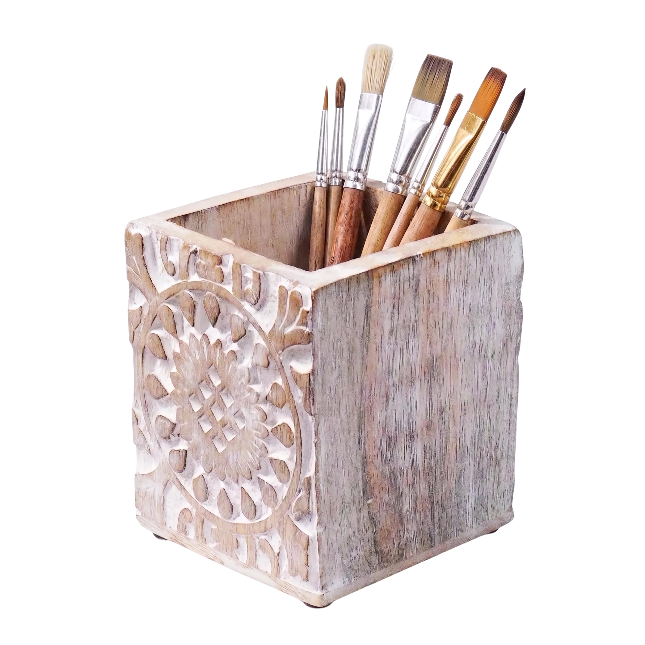Mela Artisans Tarro de madera para bolígrafos (blanqueado), soporte para bolígrafos "Ajenta" para escritorio, organizador de escritorio de madera, suministros de arte y vaso blanco para lápices para
