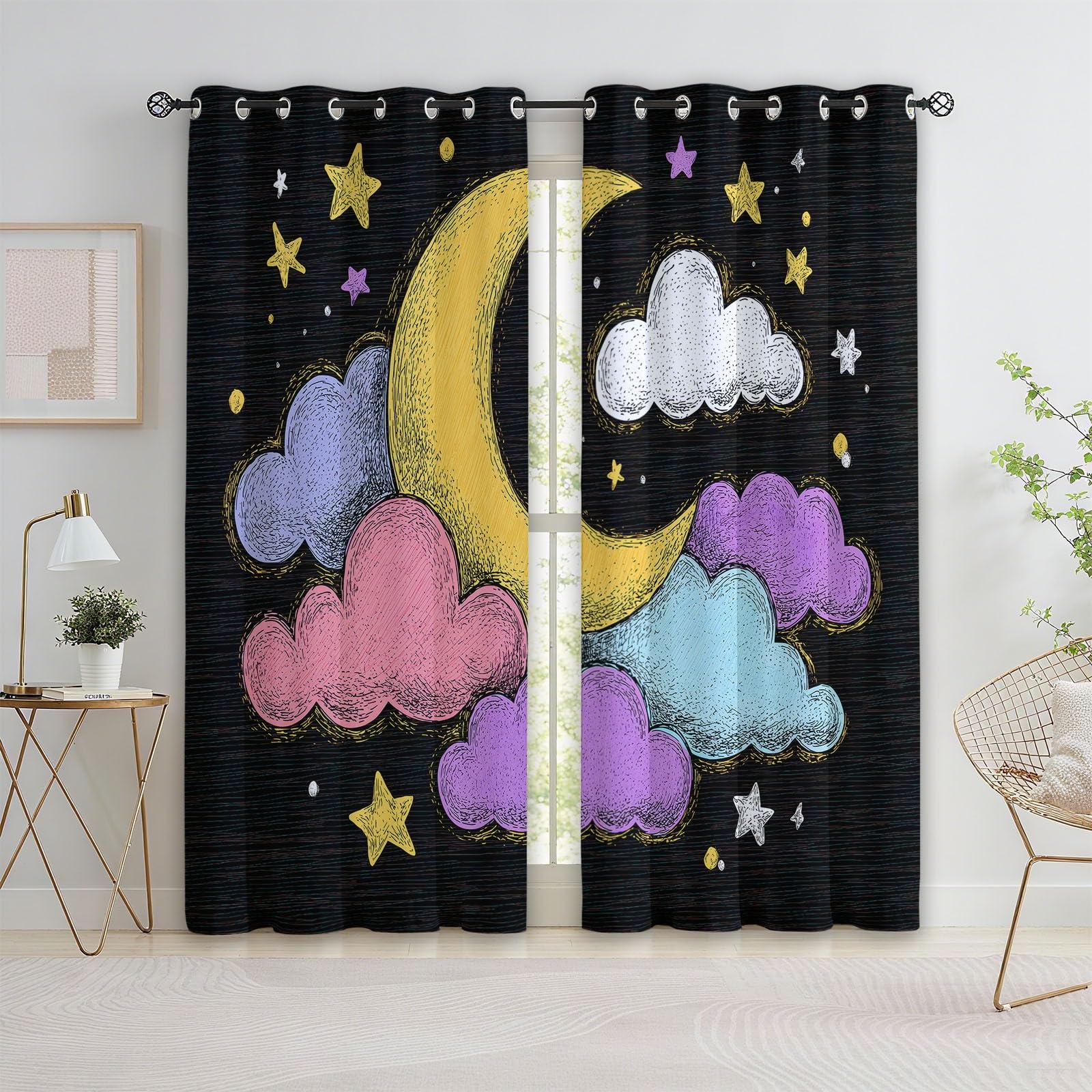 Rideau Occultant Noir, Rideaux Thermique Isolant Doux Anti UV - Draperies Intérieurs Ciel Étoilé Cartoon Nuages Lune pour Salon Chambre Décoration de Fenêtre 110L x 215H cm Lot de 2