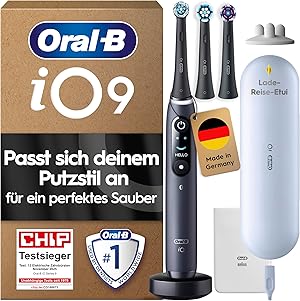 Oral-B iO Series 9 Elektrische Zahnbürste — Electric Toothbrush, Inkl. 3 Aufsteckbürsten — 7 Modi für Zahnpflege, CHIP Testsieger (11/25), Designed by Braun, Schwarz