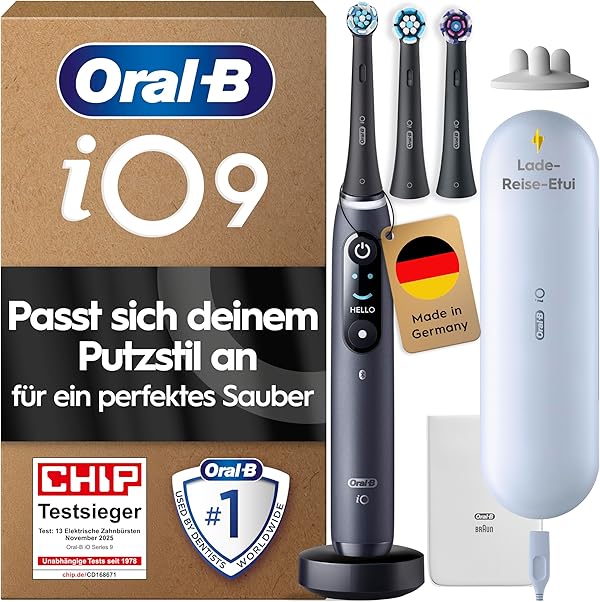 Oral-B iO Series 9 Elektrische Zahnbürste — Electric Toothbrush, Inkl. 3 Aufsteckbürsten — 7 Modi für Zahnpflege, CHIP Testsieger (11/25), Designed by Braun, Schwarz
