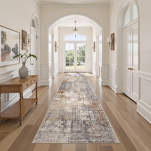 Living Room Area Rugs - 3x12 Abstract Large Soft Indoor Washable Rug Neutral Modern Low Pile Carpet for Bedroom Dining Room Farmhouse Home Office - Grey Brown