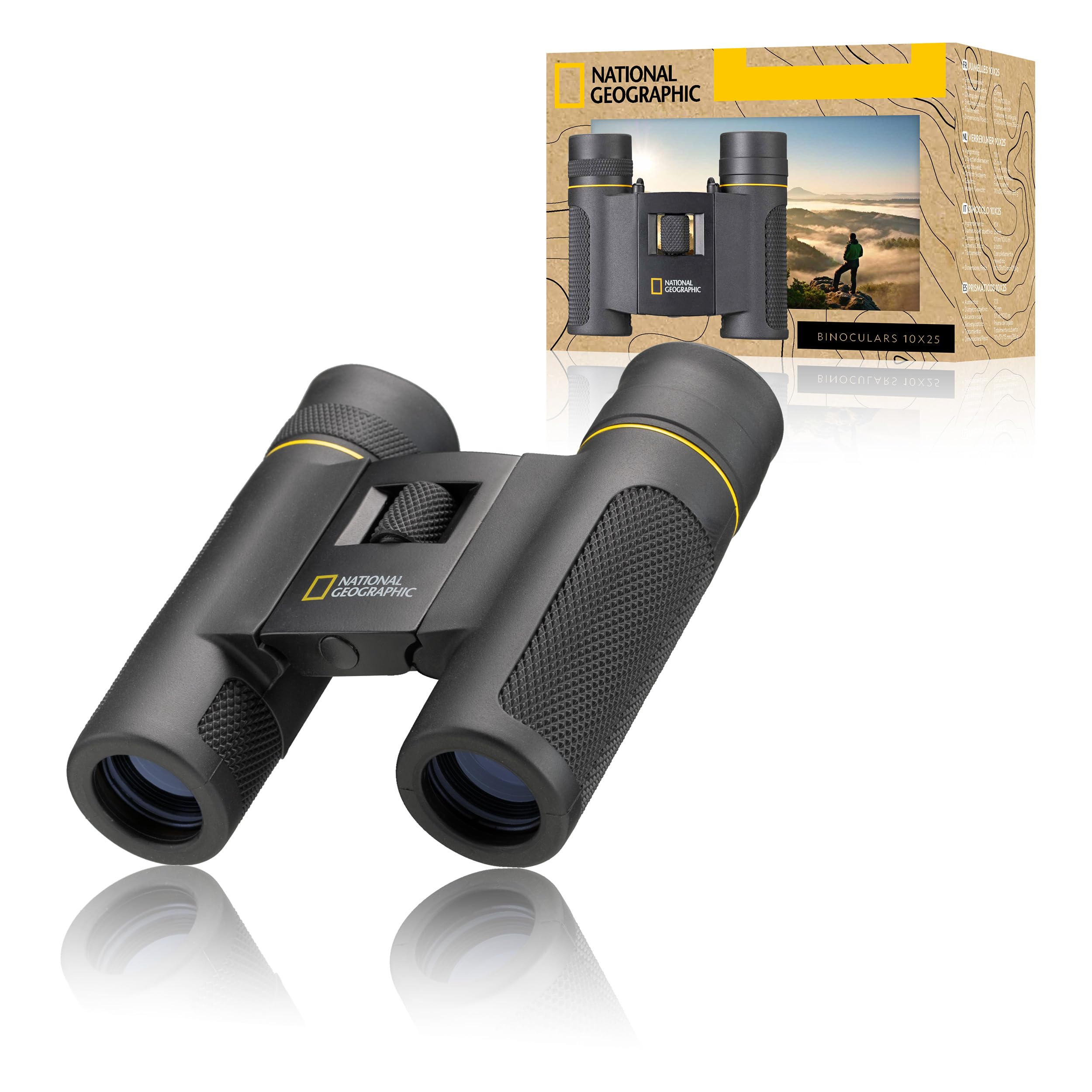 National Geographic Binocolo tascabile 10 x 25 con conchiglie pieghevoli per portatori di occhiali, gommatura, rivestimento completo, funzione pieghevole e borsa per il trasporto | Ingrandimento 10x, campo visivo 101 m, per occhiali, pieghevole, corpo gom