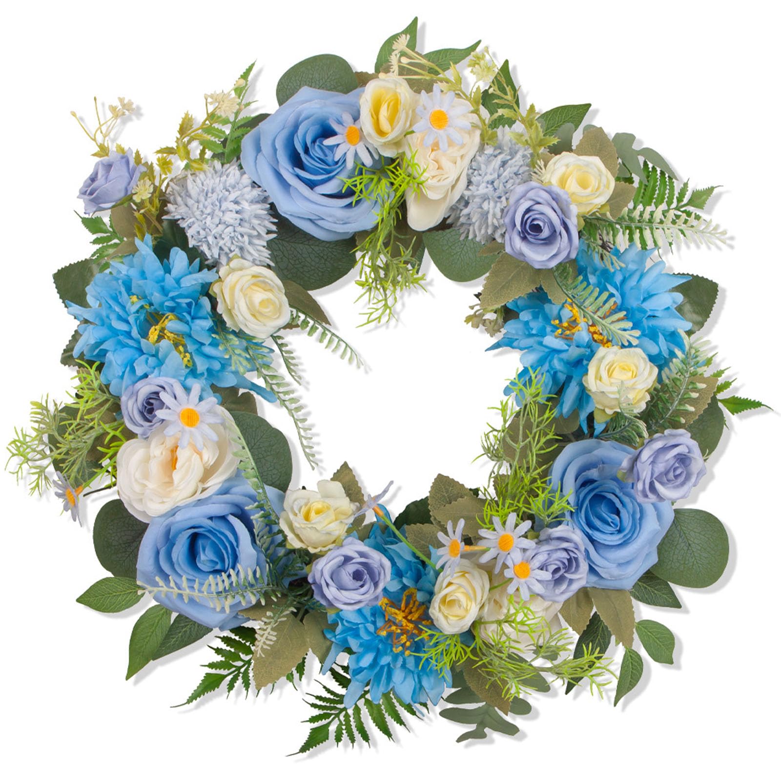 Spring Summer Wreath 45cm Artificial Flower Garland, Front Door Hanging Wreath for Wedding Festival Celebration, Home Wall Porch Patio Decor. (Blue)