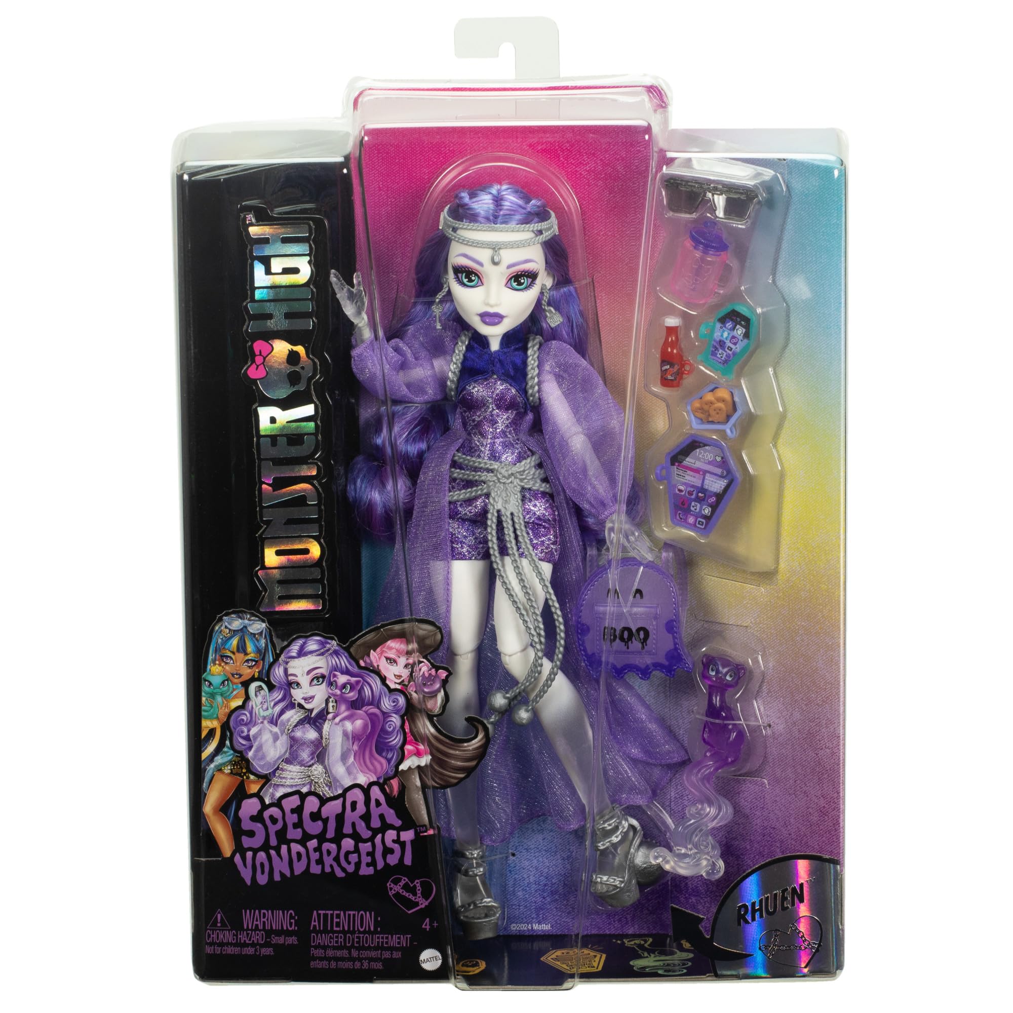 Monster High Spectra Vondergeist Lalka + zwierzątko Rhuen oraz akcesoria, takie jak plecak, „tablet” i „przekąski”, HXH77
