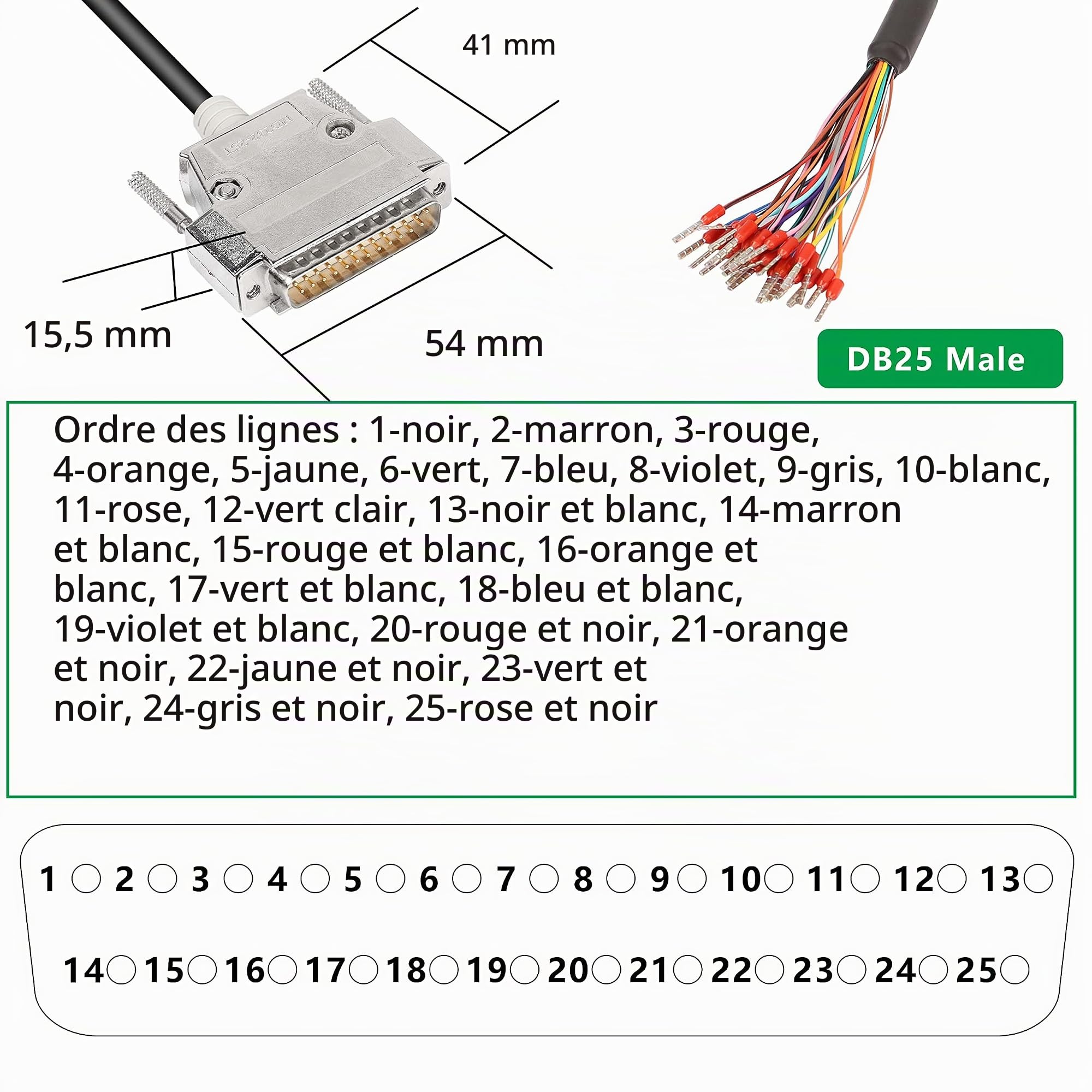 XMSJSIY Adaptateur de connecteur DB25 Câble d'extension série RS232 à 25 broches Câble de remplacement de sortie de port à 25 broches sans soudure avec fil nu - 1M (Mâle)