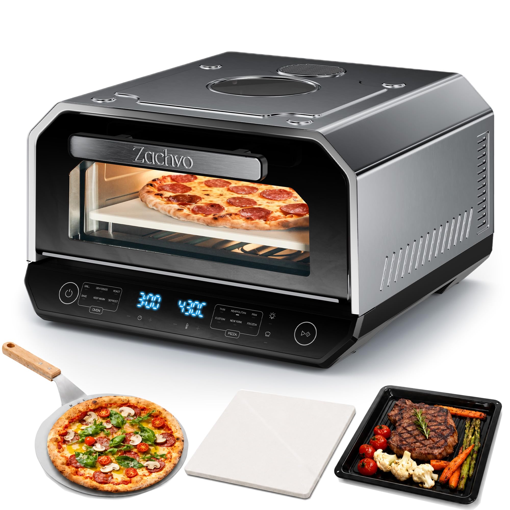 Pizzaofen Elektrisch 450°C – Neapolitanische Pizza in 2 Min, Sichtfenster & Innenbeleuchtung, 6 Programme & & 6 Kochmodi, Profi-Koch-Modus, Pizzaschaufel & Pizzastein & Backblech,Silber