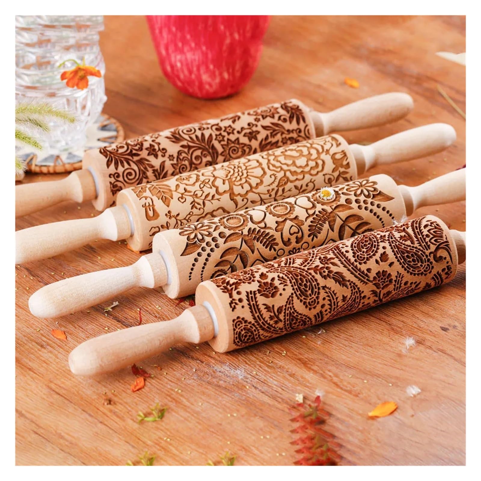 1 Rodillo de Madera con Estampado de Girasol for repostería, repostería y Galletas con Grabado Profundo. para Cocina, Pastelería(Color 2)