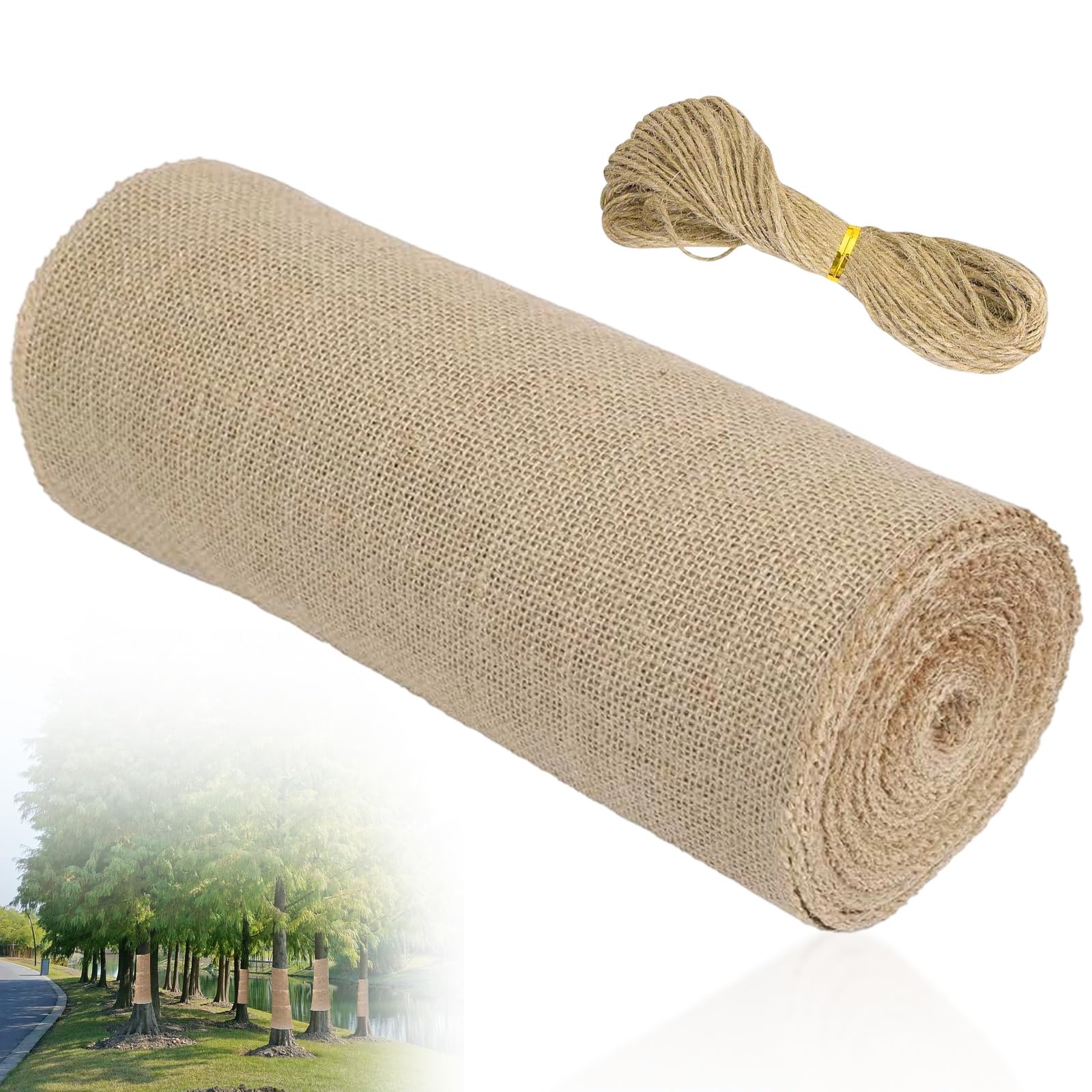 40cmx 6m Natural Hessian Roll Tree Trunk Protector with 20m Jute Rope, Burlap Fabric Garden Supplies for Tree Care, Sun UV Protection, Plants Frost Protection, Shrubs, Outdoor Garden Guard Use