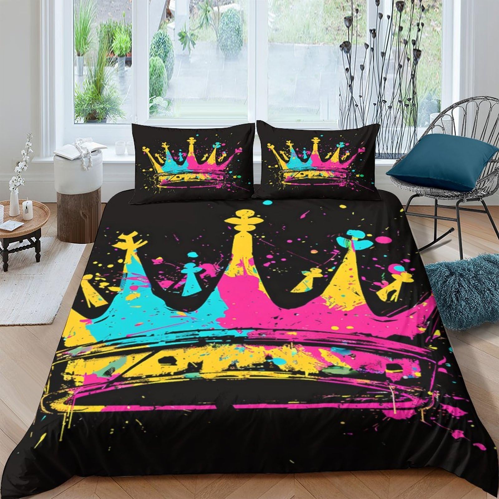 Ctjqhvkz Style-8 3D Printed Colorful Crown Fitted Sheet Microfiber Soft Bedroom Decor Artistic Graffiti Bed Cover For Home Dorm Single（135X200cm）