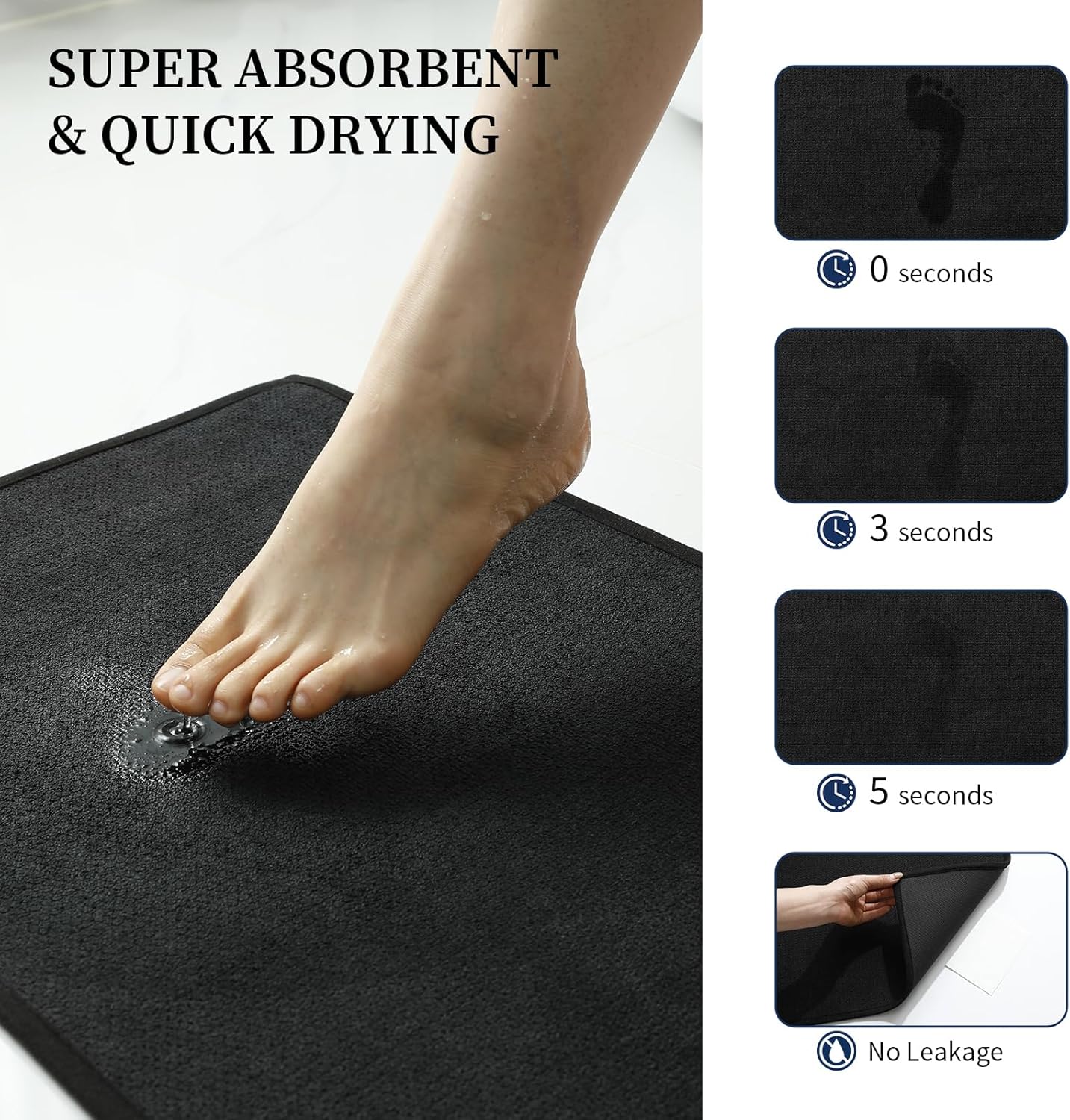 YIHOUSE Black Bathroom Rugs Sets 3 Piece, Quick Dry Thin Bath Mat with Toilet Rug, Non Slip Absorbent Machine Washable, Bath Runner Rugs for Bathtub Sink Home Decor