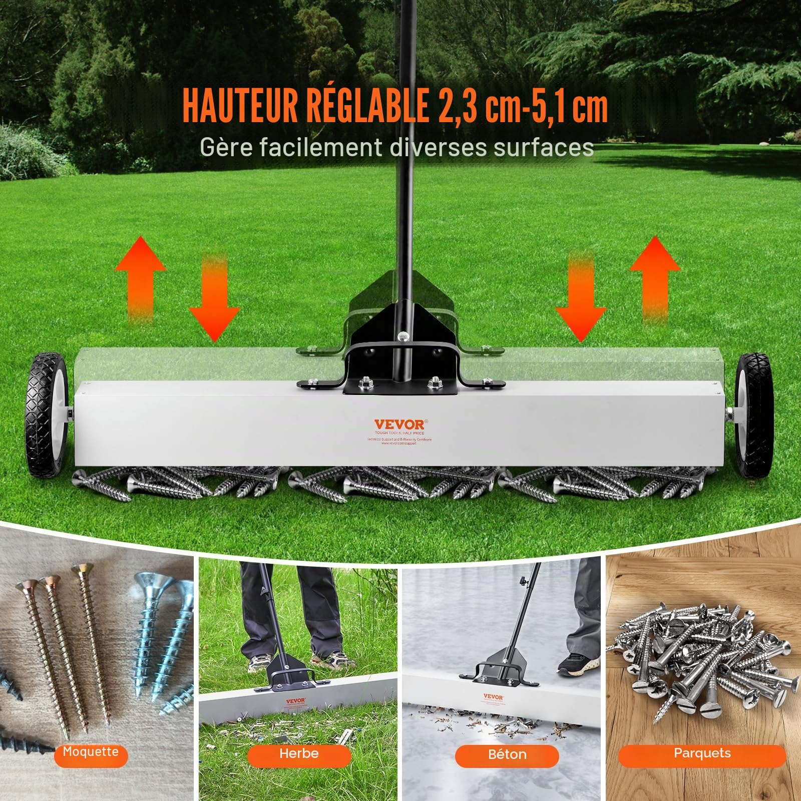 VEVOR Balayeuse Magnétique 91 cm 24,9 kg avec Roues Manche Télescopique Poignée Réglable
