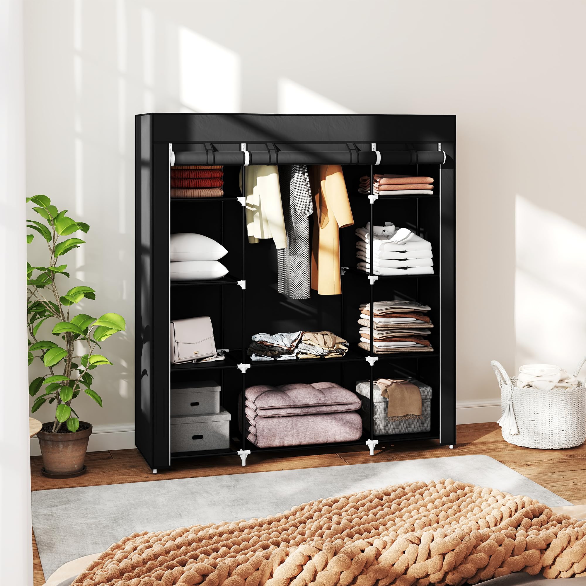 HOMCOM Armoire Penderie en Tissu 150 x 43 x 162,5 cm Noir | Meuble de Rangement, Tringle à Vêtements, Étagères Ouvertes, Penderie Vêtement Dressing, pour Chambre à Coucher