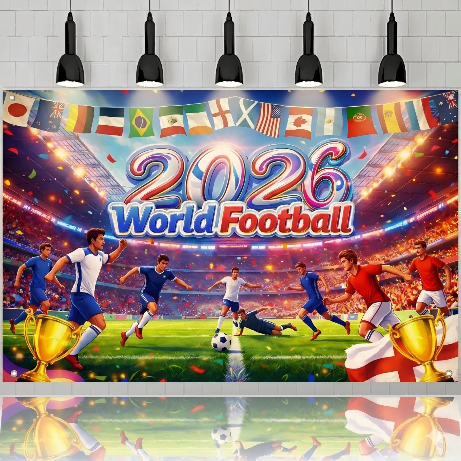 2026 World Football Banner Backdrop - 180x110cm Large Fabric Football Party Decorations - Tournament Celebration Bunting Flags Wall Decor for Pub Home Garden Fan Zone (Multicolor-Big)