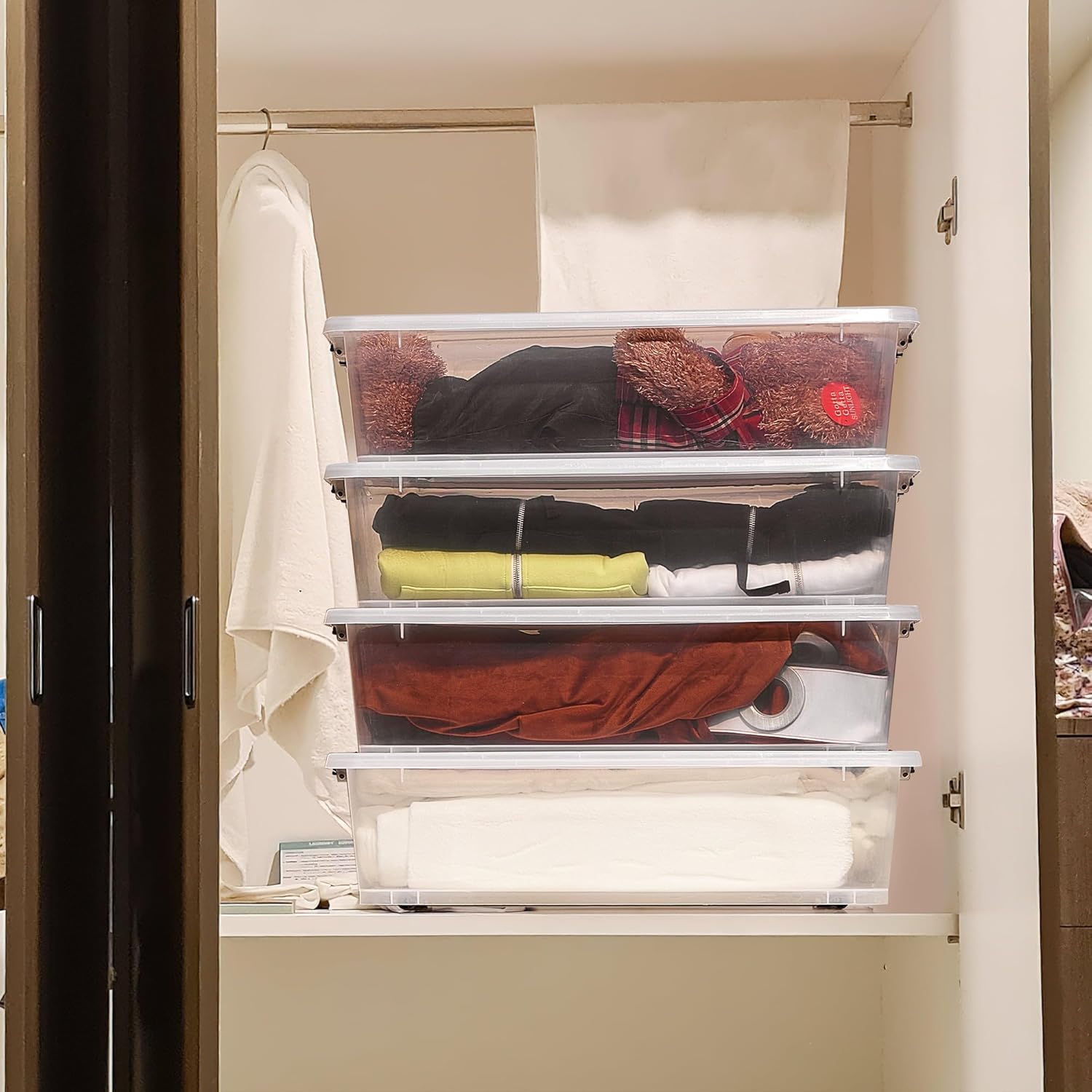 4 Pack Under Bed Storage Bin with Lid,40 Quart Stackable Clear Plastic Container for Clothing, Bedding Items,Under Bed Storage Organizer with Wheels,Transparent Underbed Design