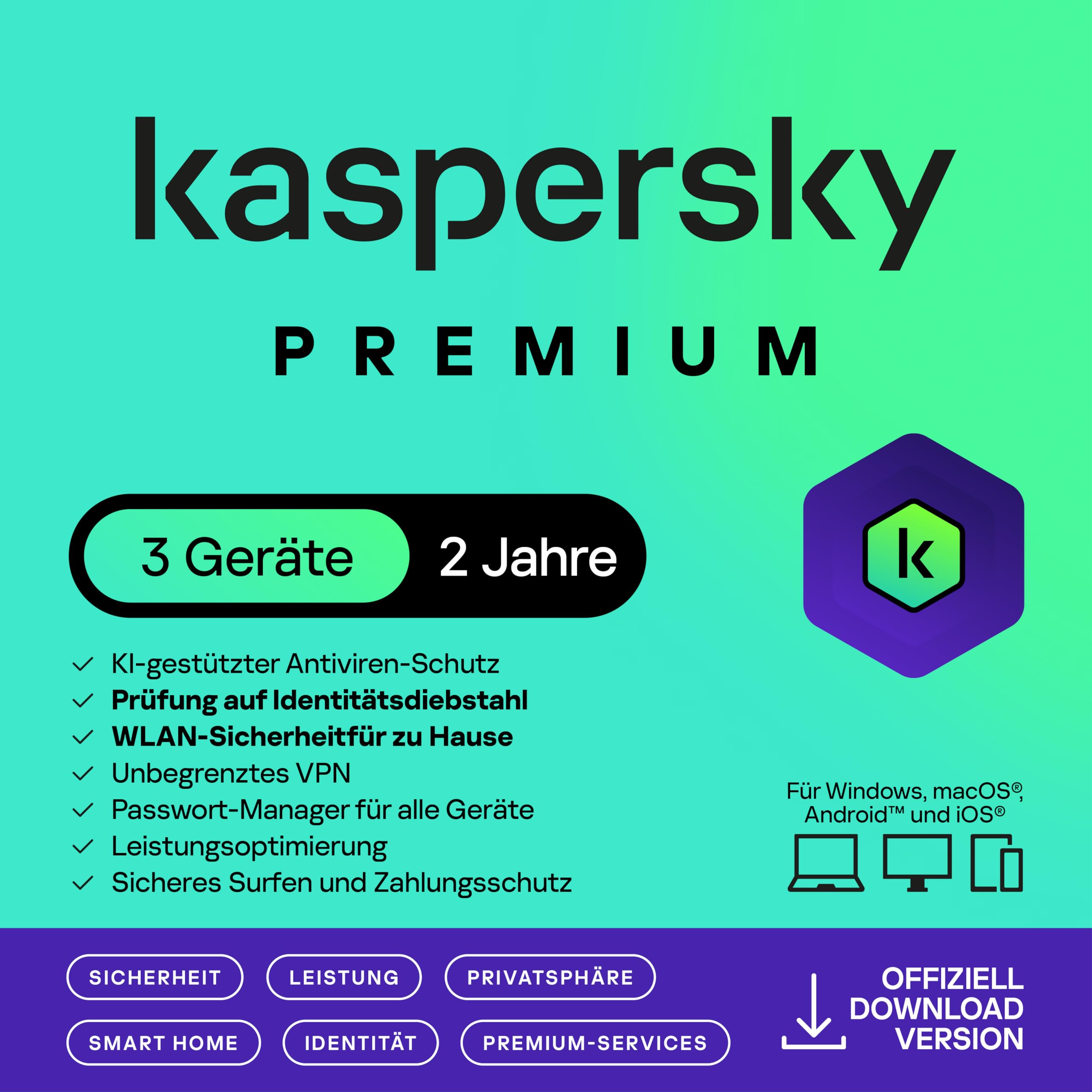 Kaspersky Premium Total Security 2026 | 3 Geräte | 2 Jahre | Anti-Phishing und Firewall | Unbegrenzter VPN | Passwort-Manager | Kindersicherung | 24/7 Unterstützung | PC/Mac/Mobile | Code per Email