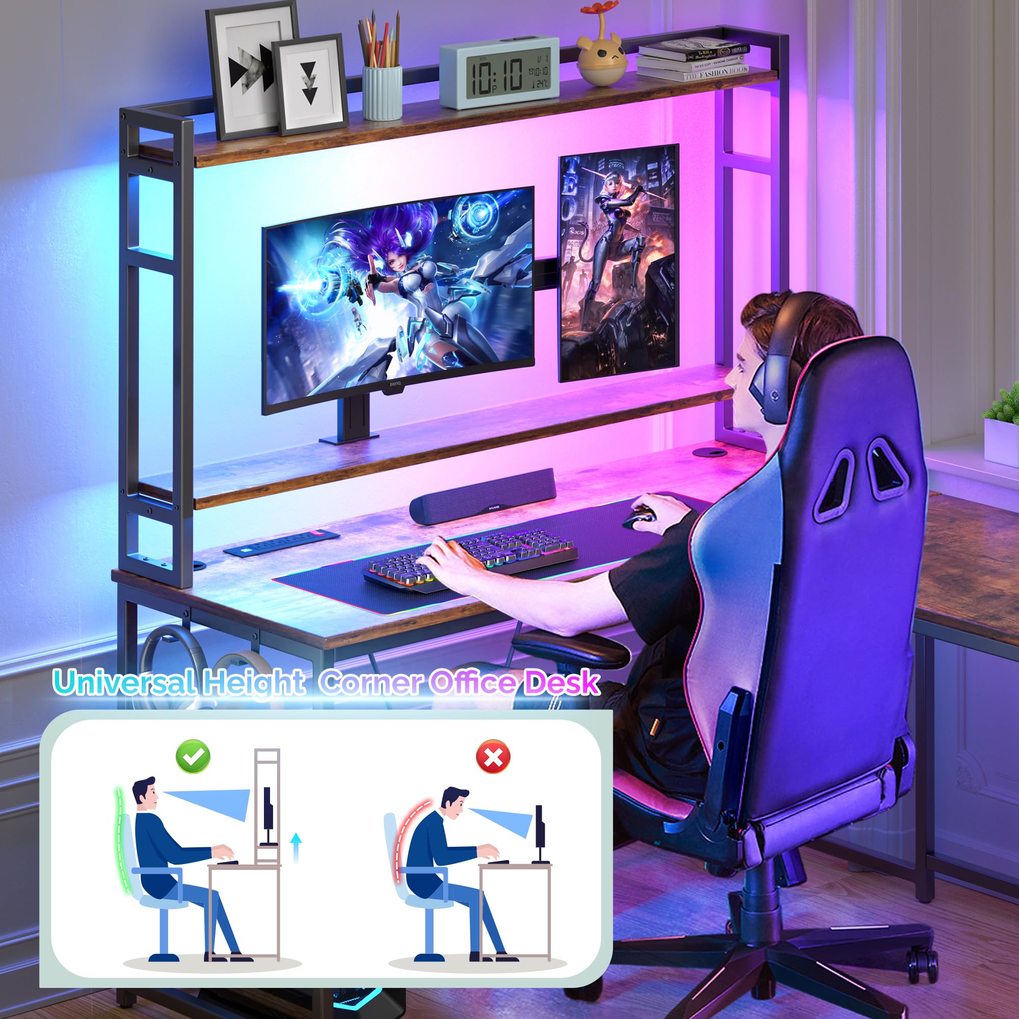 Aheaplus Piccola scrivania da gioco a forma di L con luci LED e prese di corrente, scrivania reversibile a forma di L per computer con supporto per monitor e ripiano, scrivania angolare