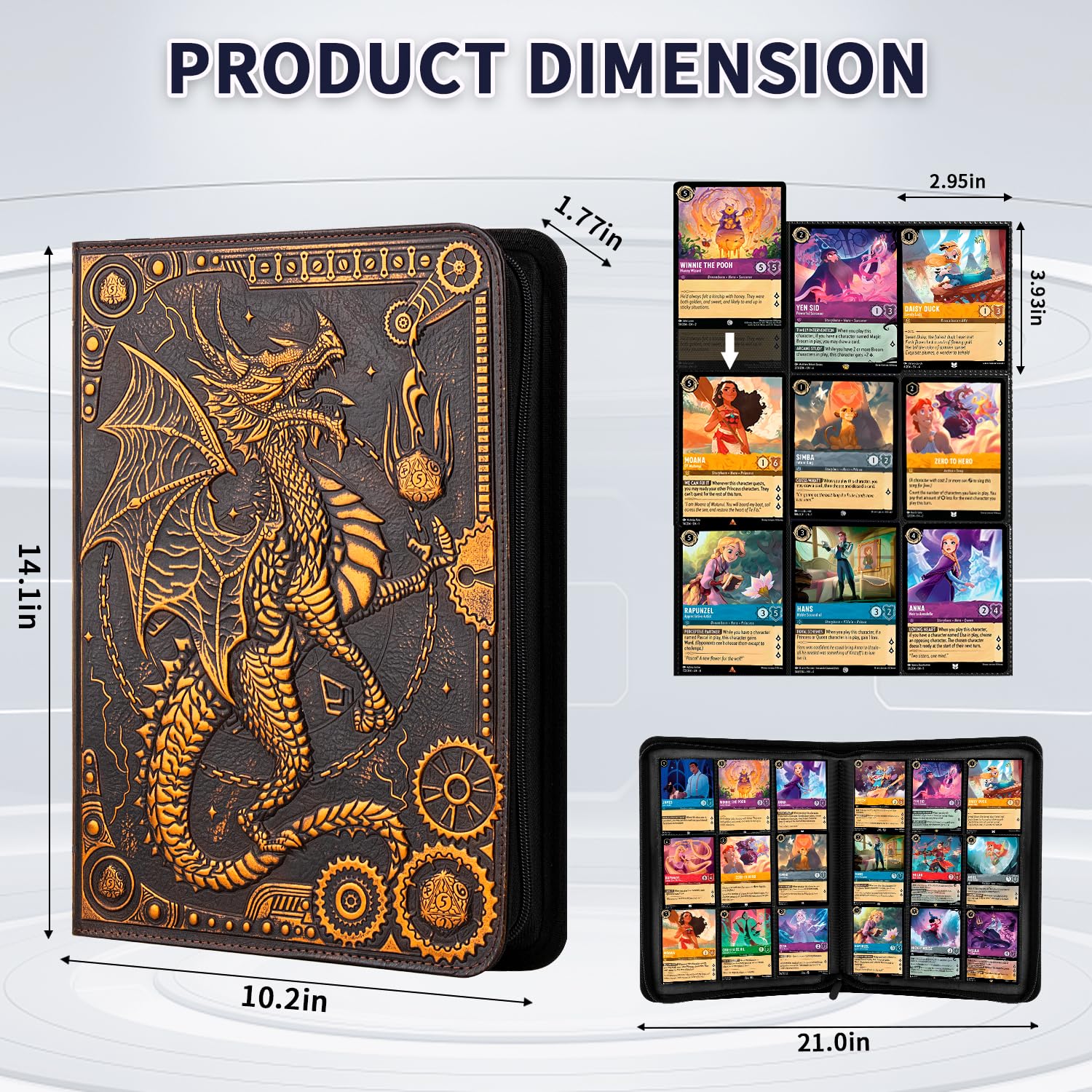 FEIDIAO Raccoglitore per carte collezionabili, album con 360 tasche laterali con cerniera, in pelle PU 3D goffrata con drago volante, 9 tasche da collezione, album per giochi per MTG, TCG, Pokmon