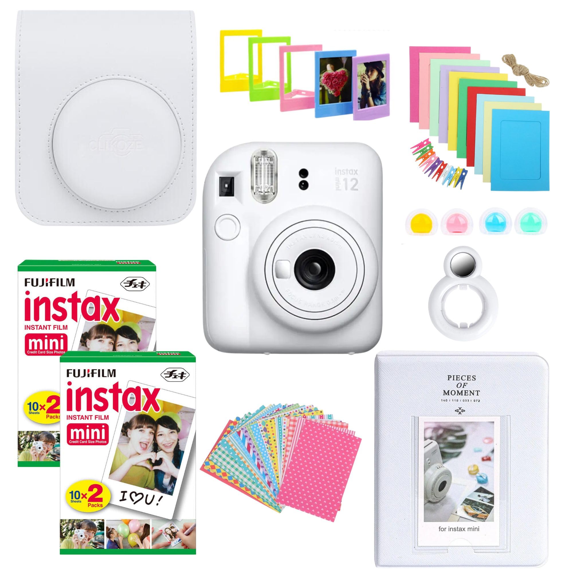 Instant Camera Bundle with Fujifilm Mini 12 Clay White Camera, Fujifilm 40 Shot Mini Film, Clikoze Mini 12 Case, Mini Album Book, Film Stickers, Colour Filters and Accessories