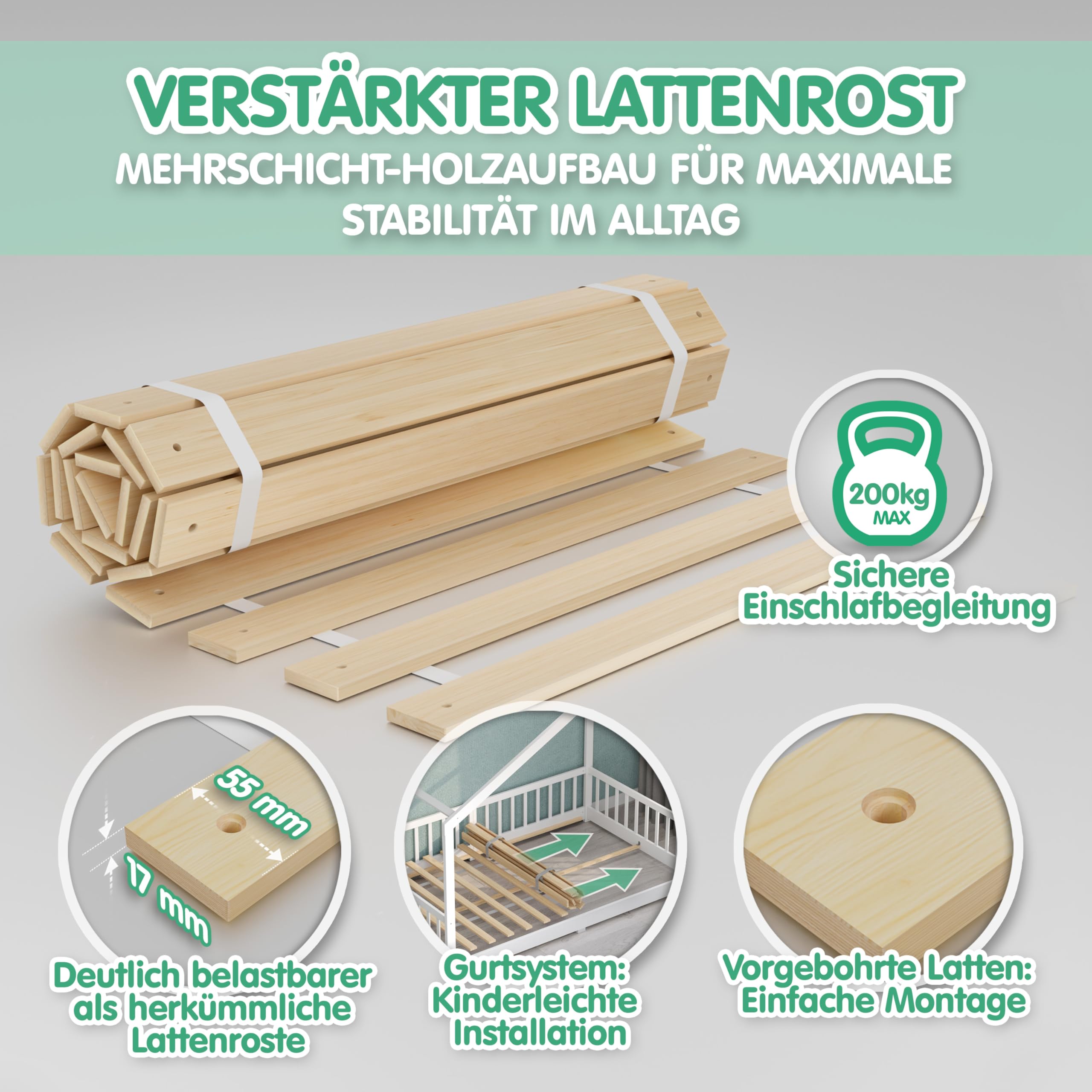 CADANI Nik Kinderbett 120x200 cm – Juniorbett & Jugendbett mit abnehmbarem Rausfallschutz, bis 200 kg belastbar, extra stabiles Einzelbett inkl. Roll-Lattenrost | bis 200 kg belastbar