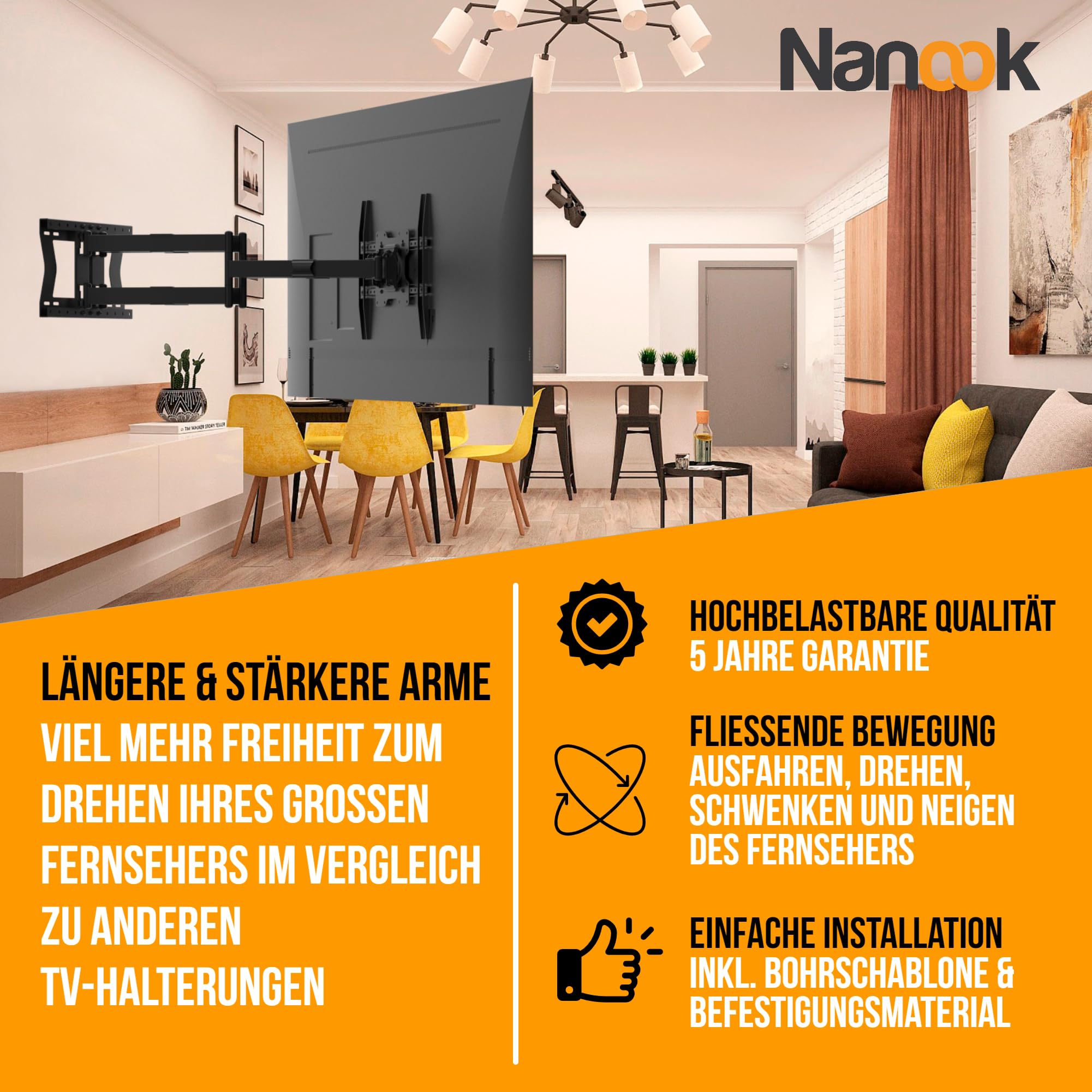 Nanook Long 4100 Langarm TV-Wandhalterung 42-85 Zoll, 100 cm Auszug, 80 kg | Unsere Allerstärkste Halterung, Extra-Lange Arme Für Maximalen Schwenkbereich (180°) Und Große Reichweite, Max. VESA 600x400