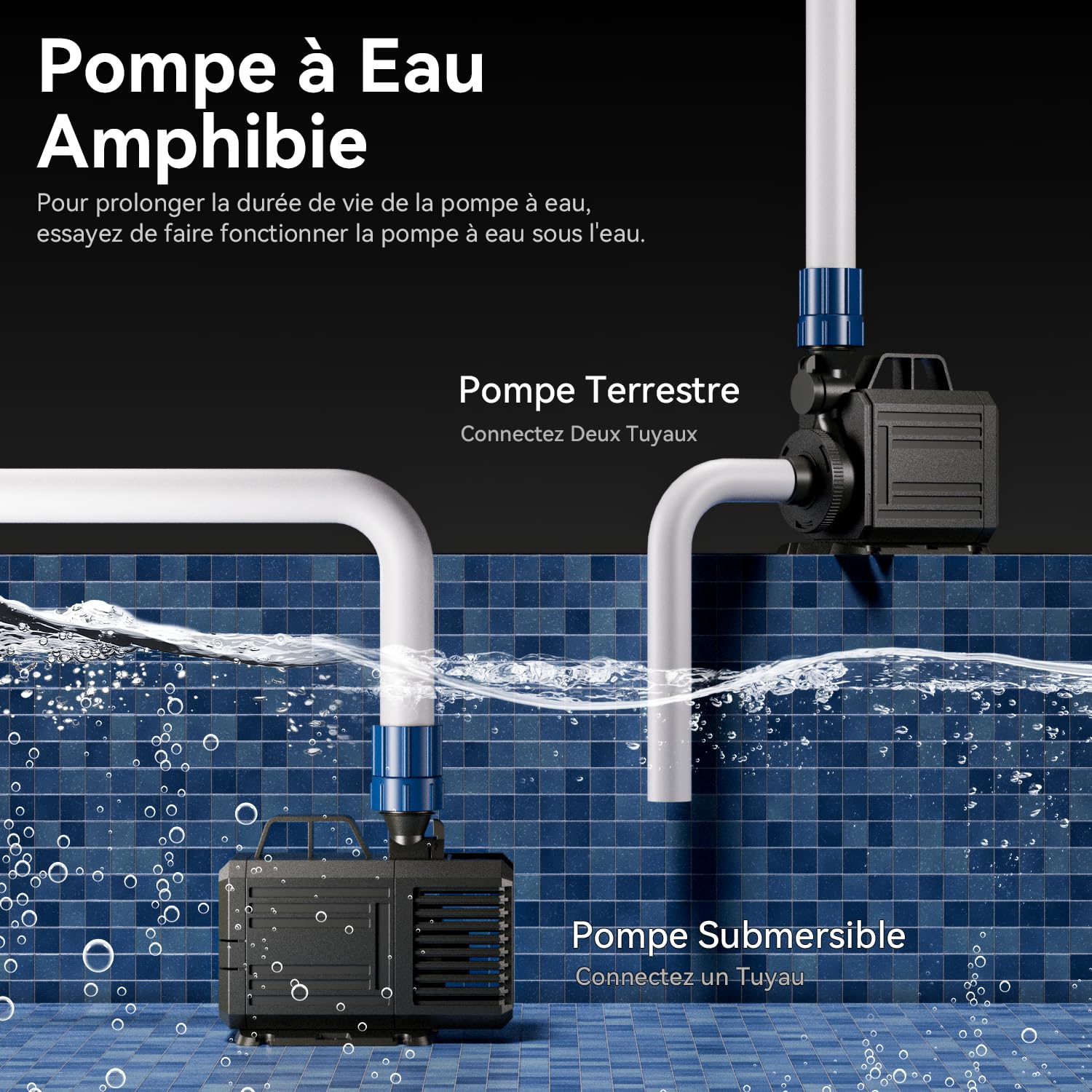 hygger Waterpomp, 2500 l/u, 60 W, super stil, dompelpomp met 3 sproeiers, voor vijver, fontein, aquarium, tuin, zwarte fontein