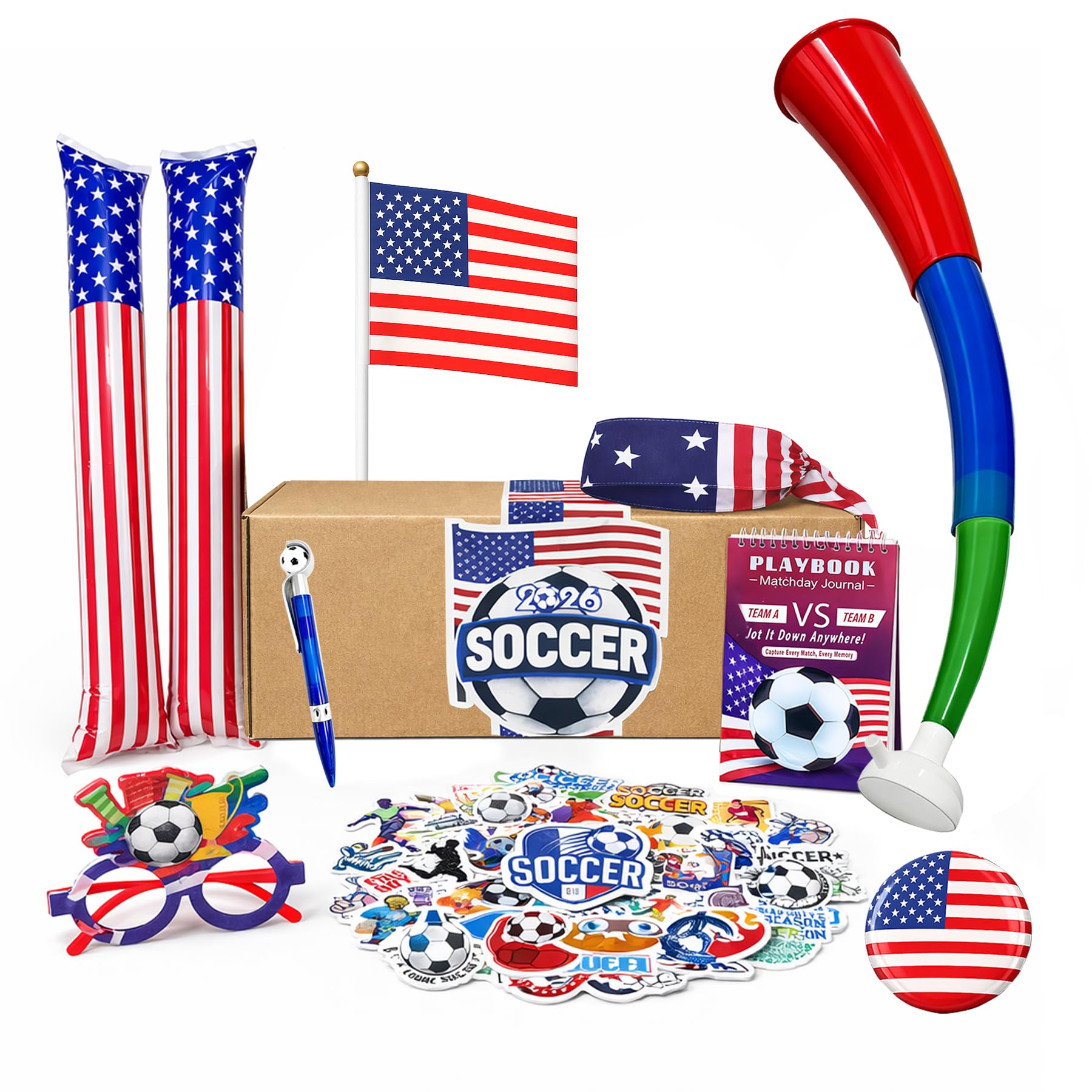 USA Soccer Fan Gear Kit 2026 International Match Day Accessories Gift Set Bundle with Glasses, Flag, Horn, Badge, Soccer Match Predictor Notebook, Pen, Inflatable Sticks, Stickers Headband (USA) - 1