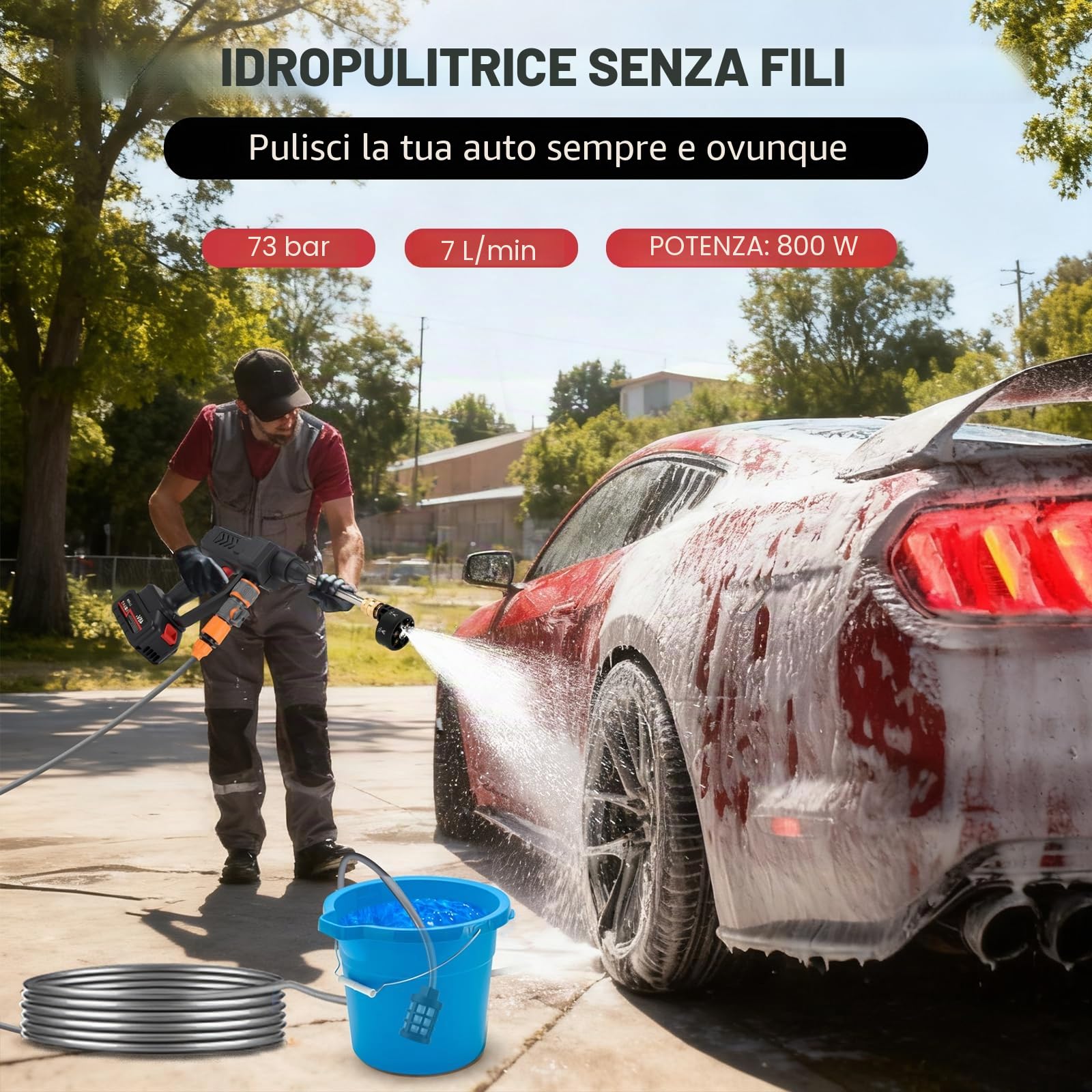 Idropulitrice portatile ad alta pressione, potenza 140 W con ugello 6 in 1, tubo ad alta pressione da 5 m, adattatore universale per rubinetto e bottiglia per auto, bicicletta, terrazza