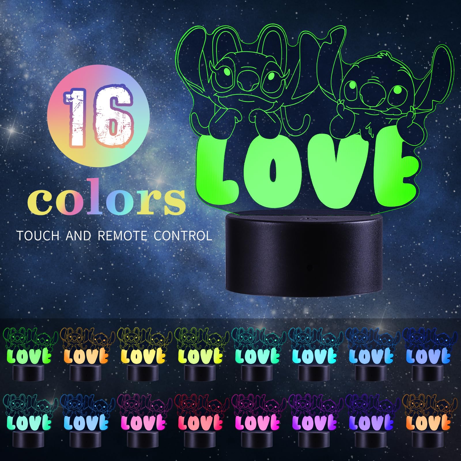 AMZFRRSM Stitch Lampada 3d Illusione Lilo Stitch Luce Notturna Touch Bambini Home Decor Lampada Da Tavolo Led Anime Gadget Natale, Compleanno Dei Fan, Regalo