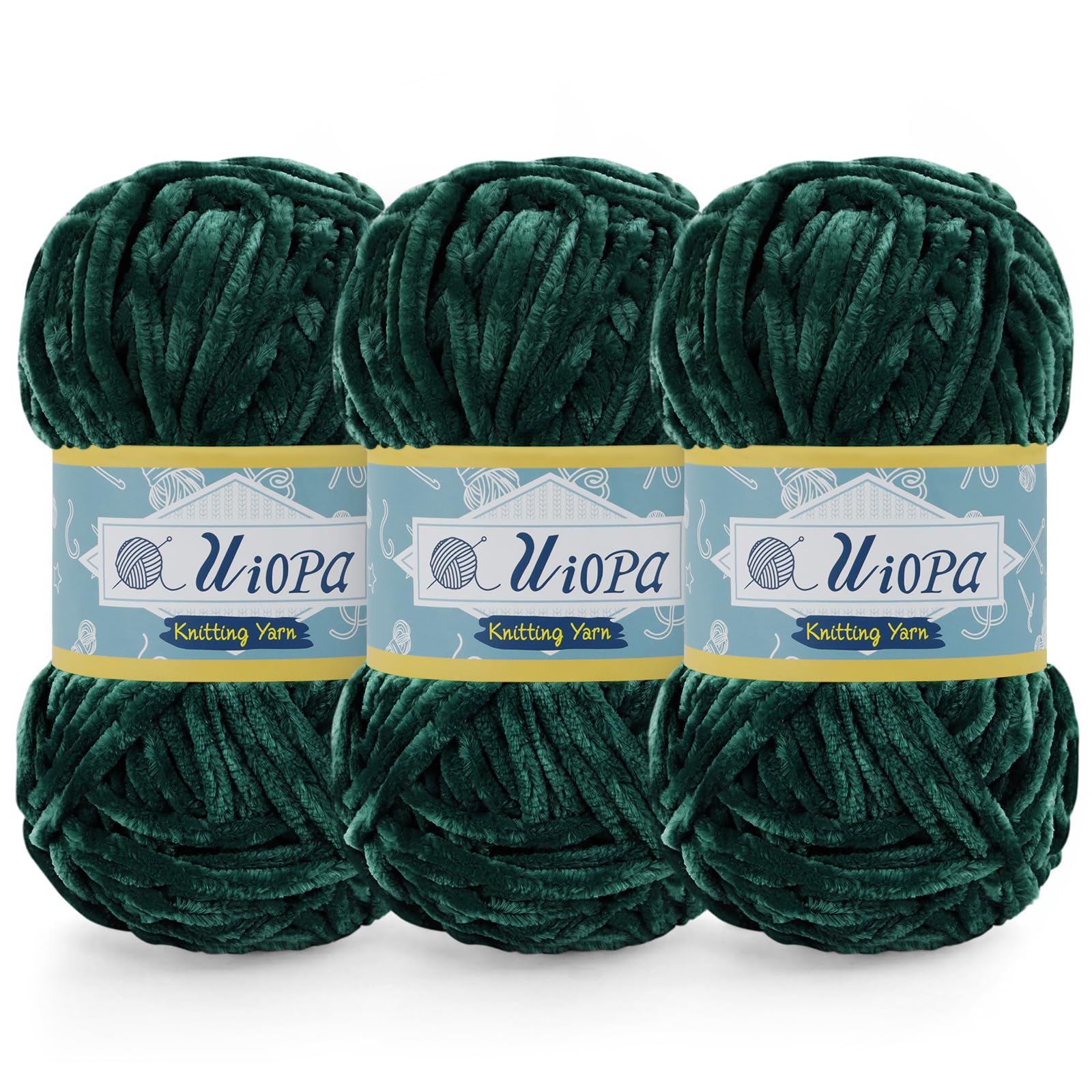 Uiopa 3 x 100g Chunky Chenille Yarn, Plush Velvet Yarn Thick Chenille Wool, Dark Green Fluffy Crochet Chunky Wool for Amigurumi Blankets Clothes DIY Crafts