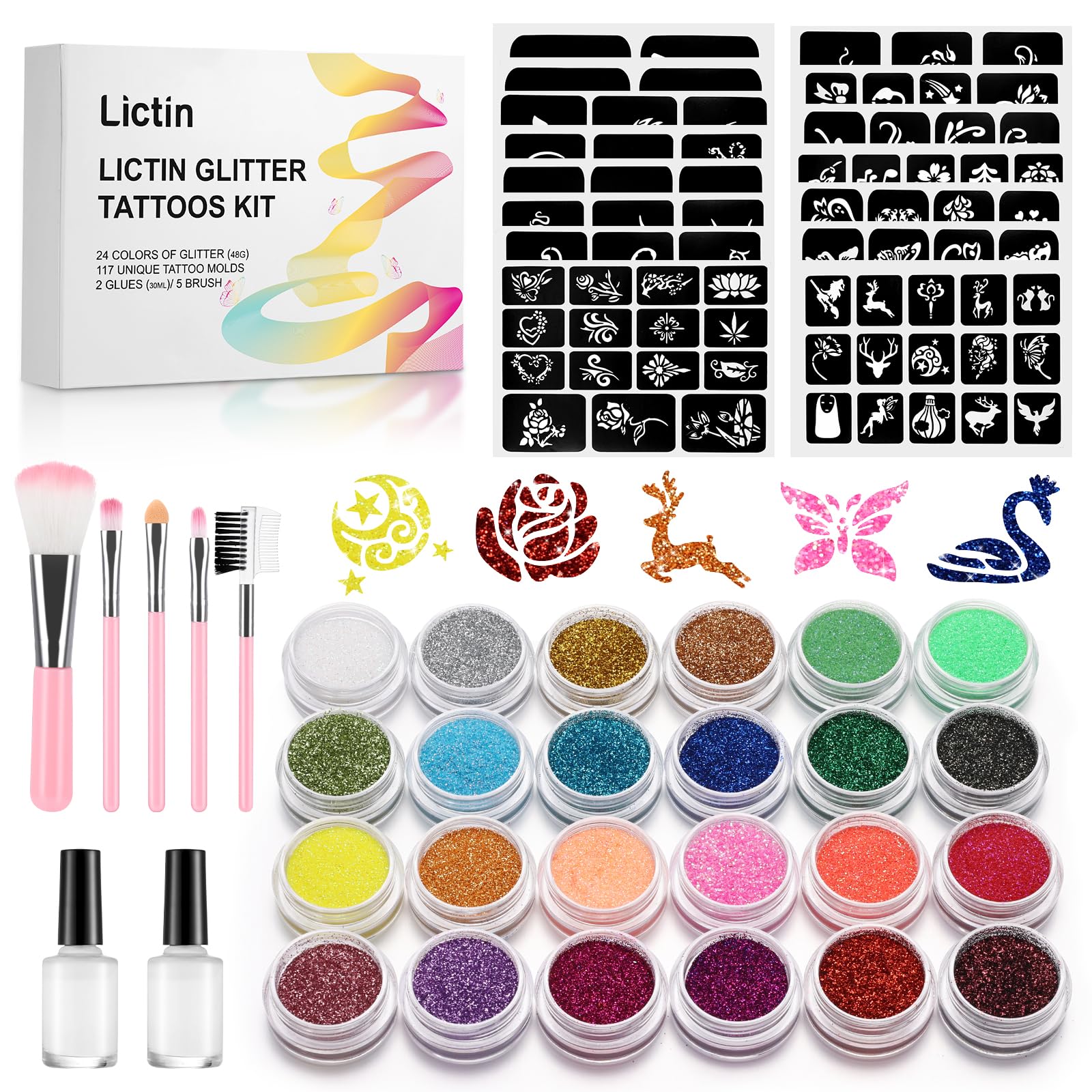 Lictin Temporary Glitter Tattoo Kit, 24 Colors Professional Glitter Tattoos for Kids,Great Gifts for Girls Boys Birthday Party Summer Beach Festival and Halloween, Adults & Kids Glitter Make Up Kit