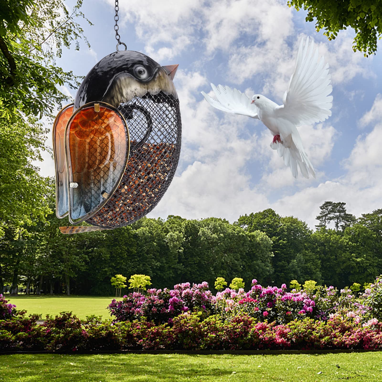 Mangeoire à Oiseaux En Métal Avec Chaîne De Suspension Extérieure, Mangeoires à Oiseaux Pour Oiseaux Sauvages Extérieurs, Mangeoires à Oiseaux Amovibles 2 En 1 Avec Chaînes De Suspension, Crochet