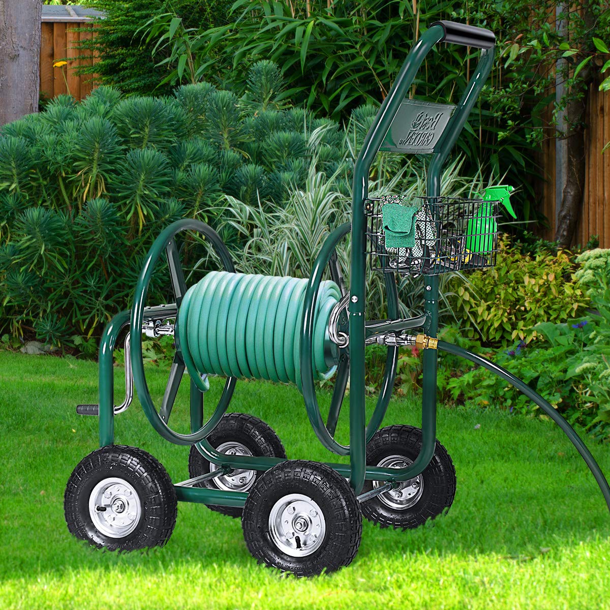 COSTWAY 80M Schlauchwagen Gartenschlauchwagen, für 5/8" Schlauch, Schlauchaufroller mit Korb, Schlauchhalter Metall, Schlauchtrommel mit 189cm Anschlusschlauch