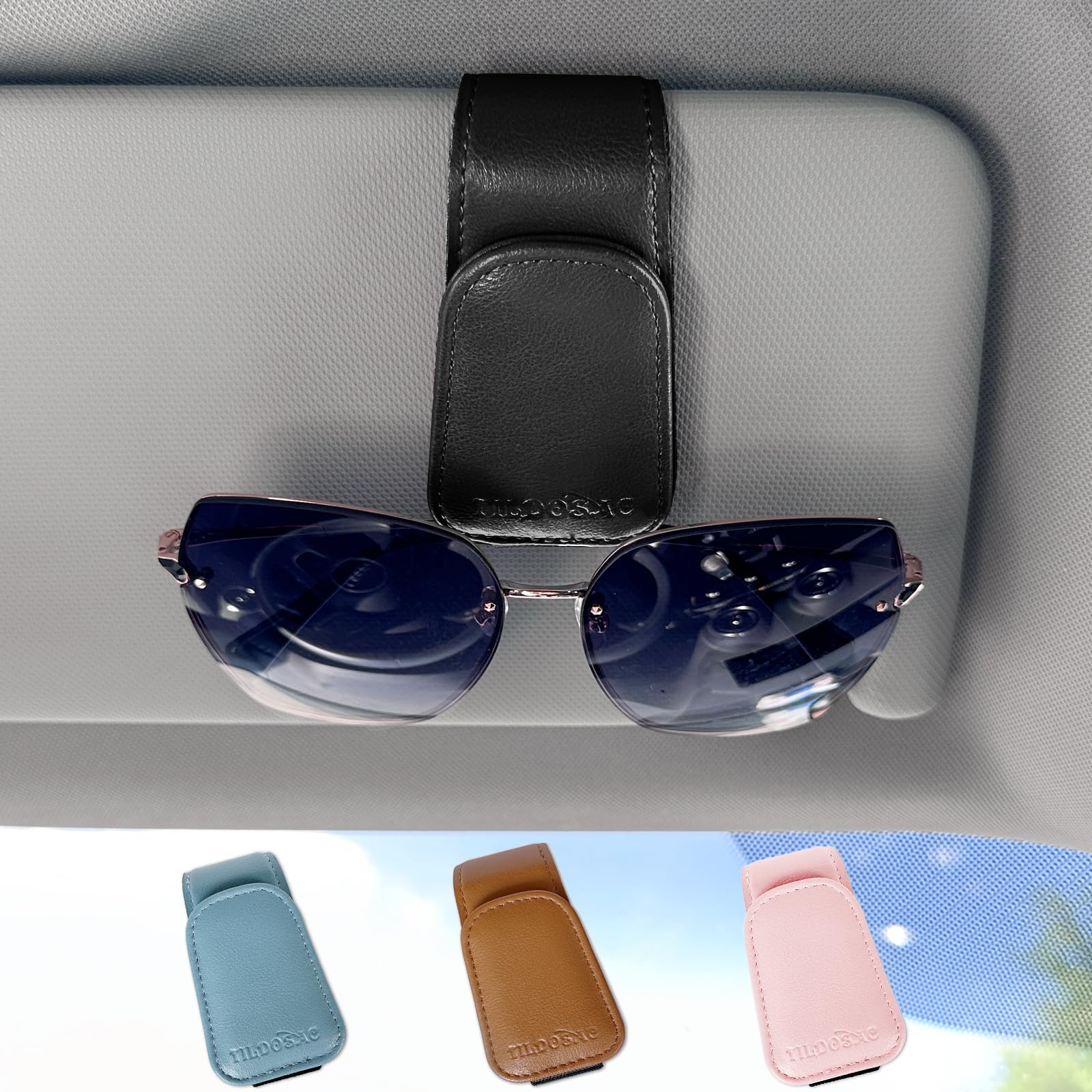 Sunglasses Holder for Car Visor, Leather Magnetic Sunglass Holder for Car with Clip, Black