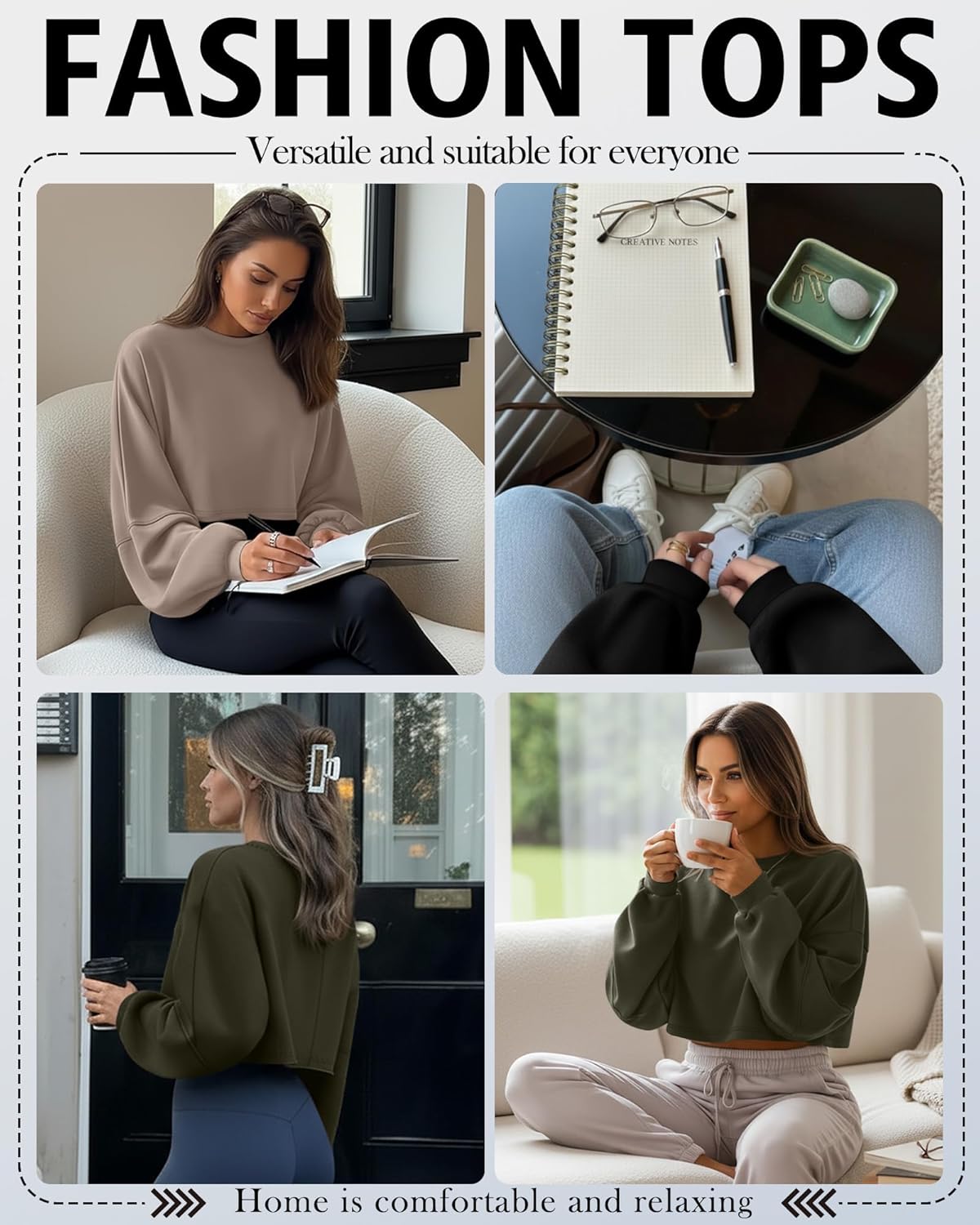 3 Pack Women's Lantern Long Sleeve Oversized Crop Tops Crew Neck Loose Pullover Sweatshirts Casual Workout Shirts(Black, Army Green, Khaki,XX-Large) - Image 2