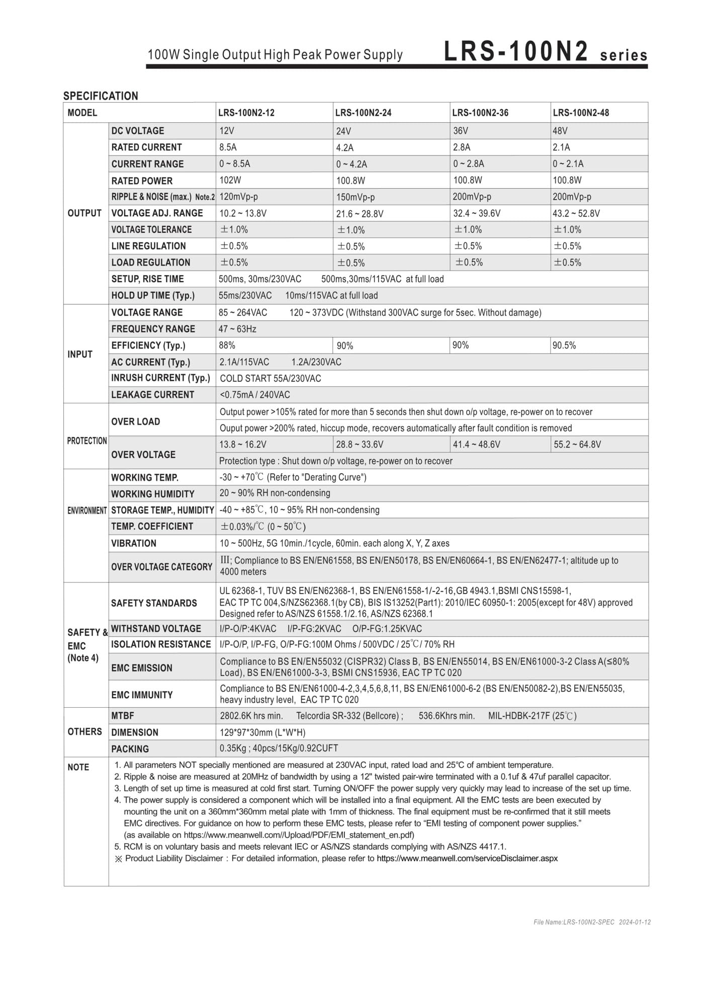 Fuente de alimentación Universal LRS-100N2/200N2/350N2/600N2/450/600, Voltaje 5/12/15/24/36/48(LRS-450,24V)