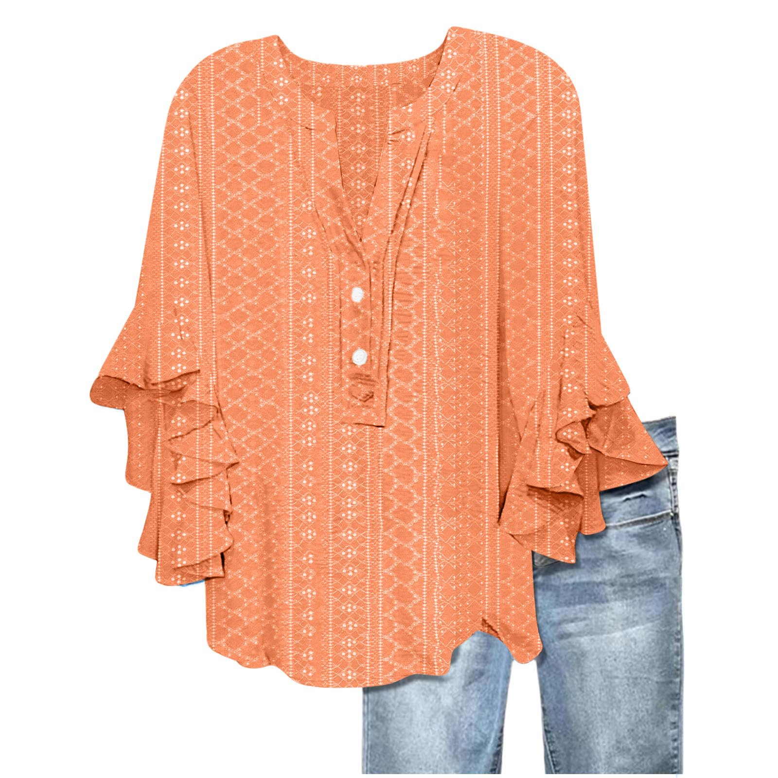 Women's Eyelet Tops V-Neck Ruffle 3/4 Sleeve Blouse Casual Loose Button Up Henley Shirts Boho Flowy Beach Clothes — view 13