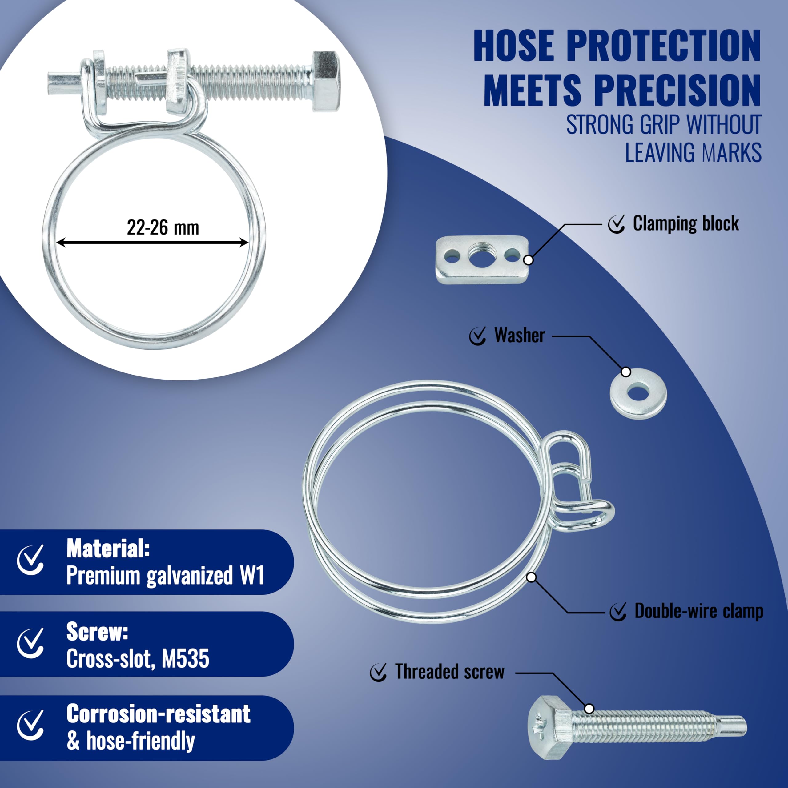 Poppstar 5 Pieces Double Wire Hose Clamp W1 Galvanised Steel Hose Clips, Clamping Width 22-26mm, Wire Diameter 1,8mm - Image 3