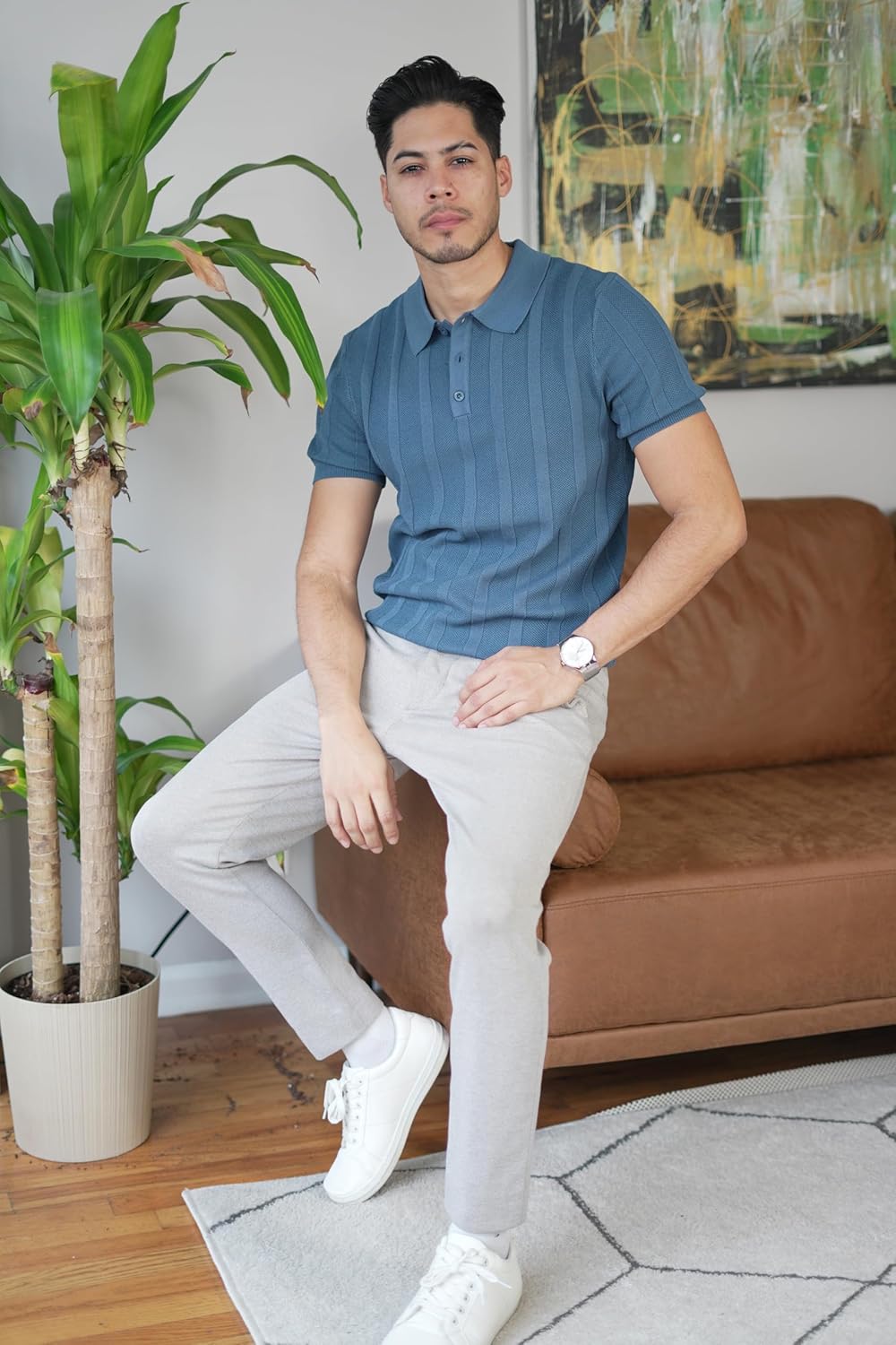 PJ PAUL JONES Mens Polo Shirts Short Sleeve Textured Knit Polo Shirt Ribbed Casual Golf Shirts - Image 4