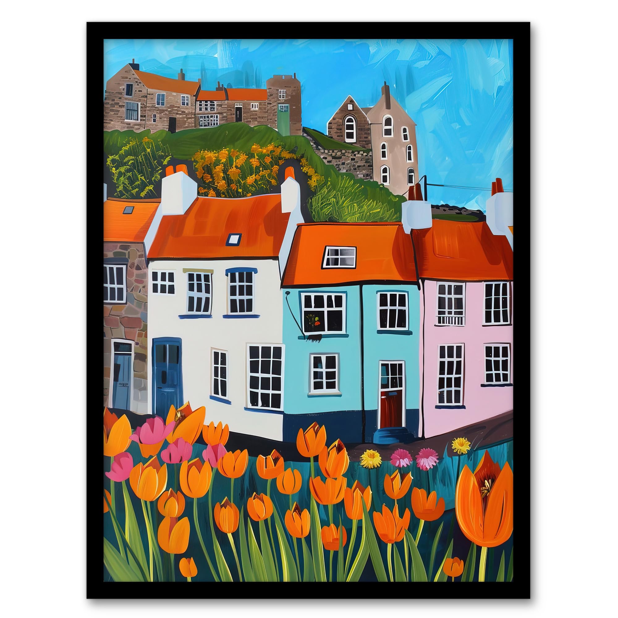 Artery8 Summer Day in English Town Tulips Colourful Living Room Artwork Framed Wall Art Print A4