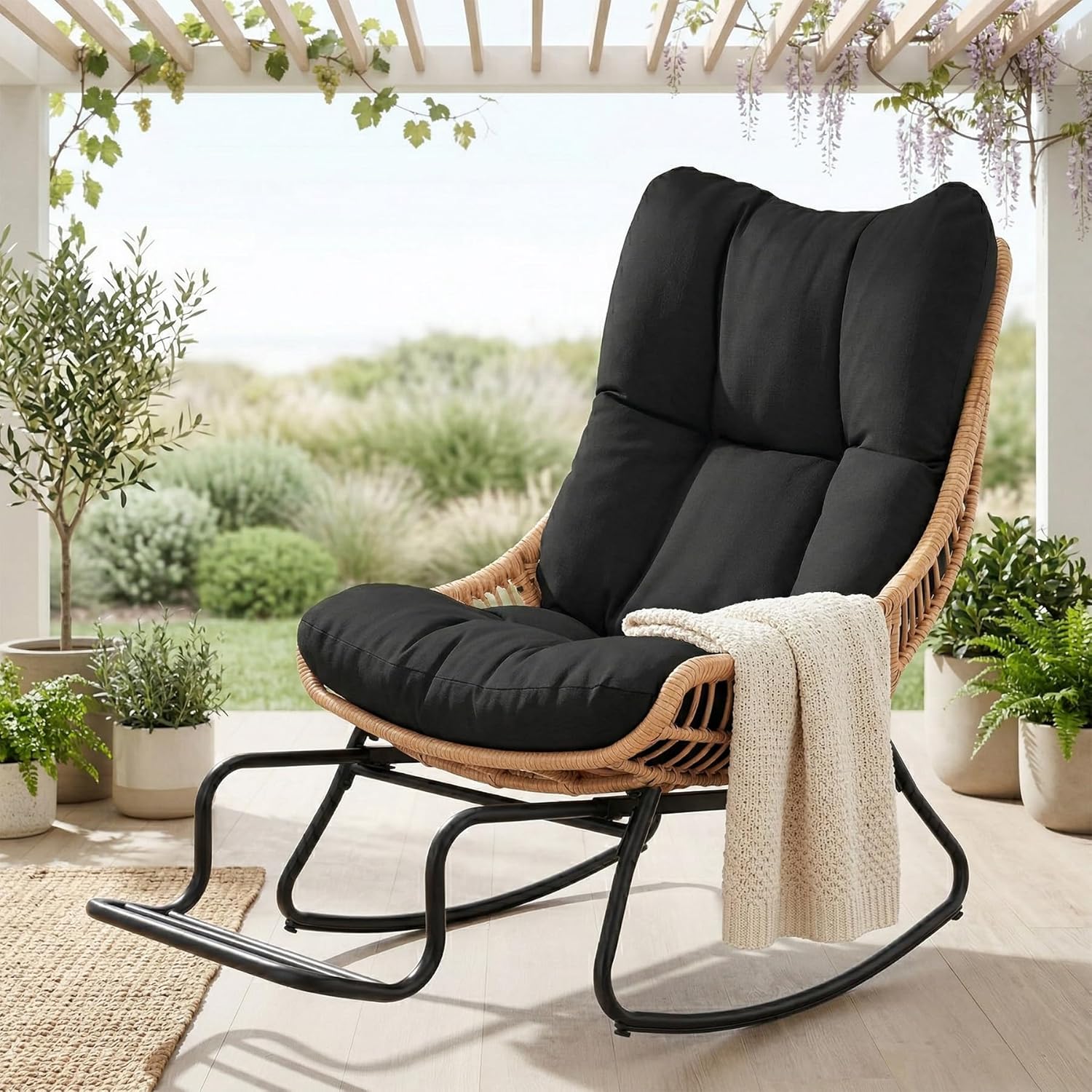 PROHIKER Outdoor Rocking Papasan Chair with Adjustable Footrest, Patio Egg Rocking Chair with Thick Cushion, Steel Frame, Indoor Papasan Rocker for Garden, Porch, Living Room, Black