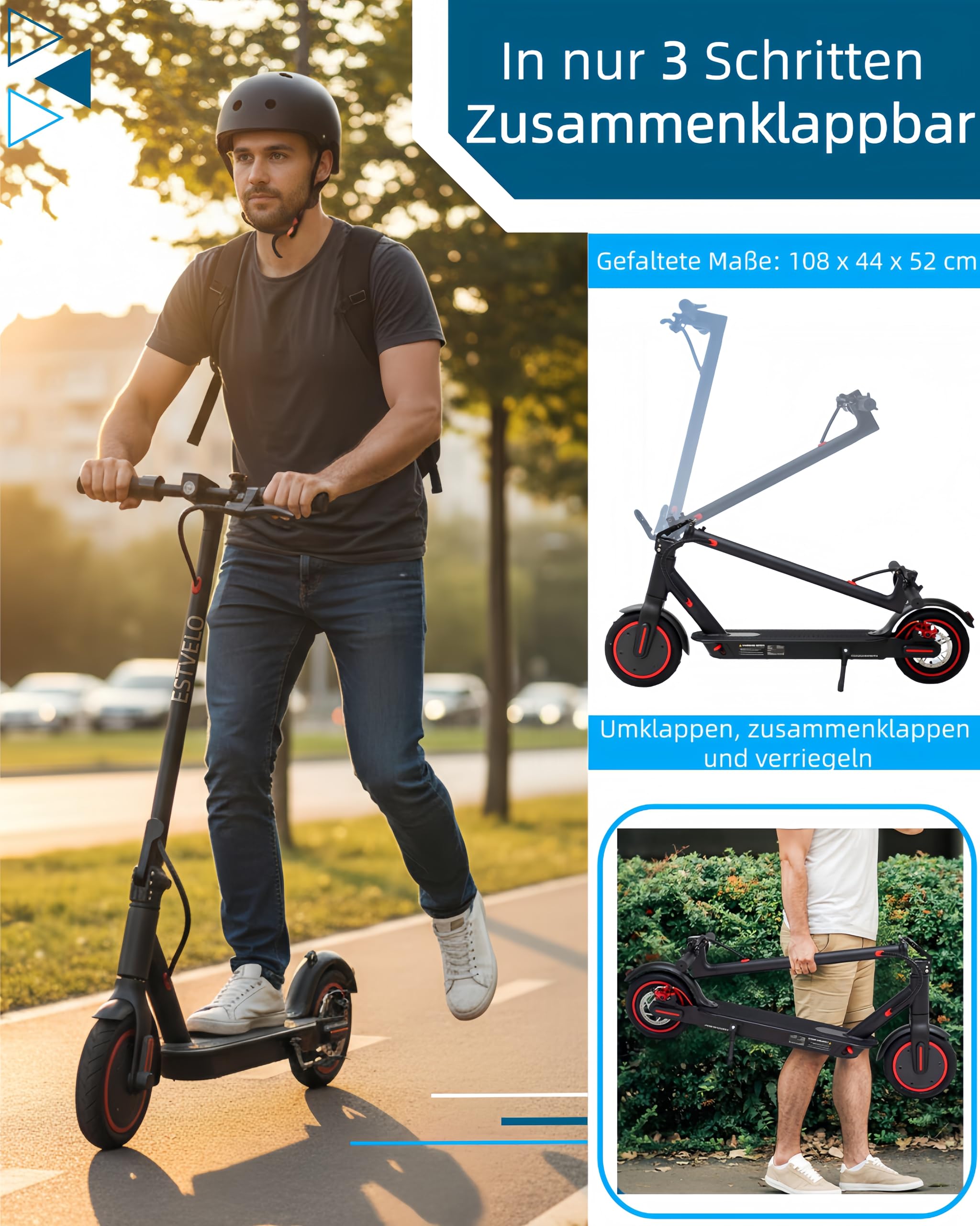 E-Scooter mit Luftreifen, S3 PRO Elektroroller 20km/h - 15% Steigung, 30km Reichweite, 120kg Belastung, Duales Bremssystem, Display, App, E Roller für Erwachsene